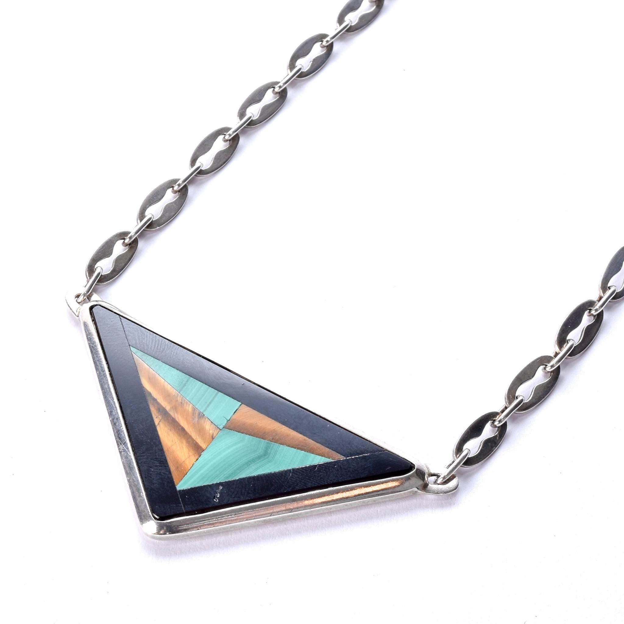 Sterling Silver Taxco Geometric Onyx, Malachite, & Tiger's Eye Inlay Necklace