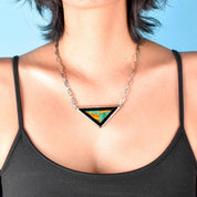 Sterling Silver Taxco Geometric Onyx, Malachite, & Tiger's Eye Inlay Necklace