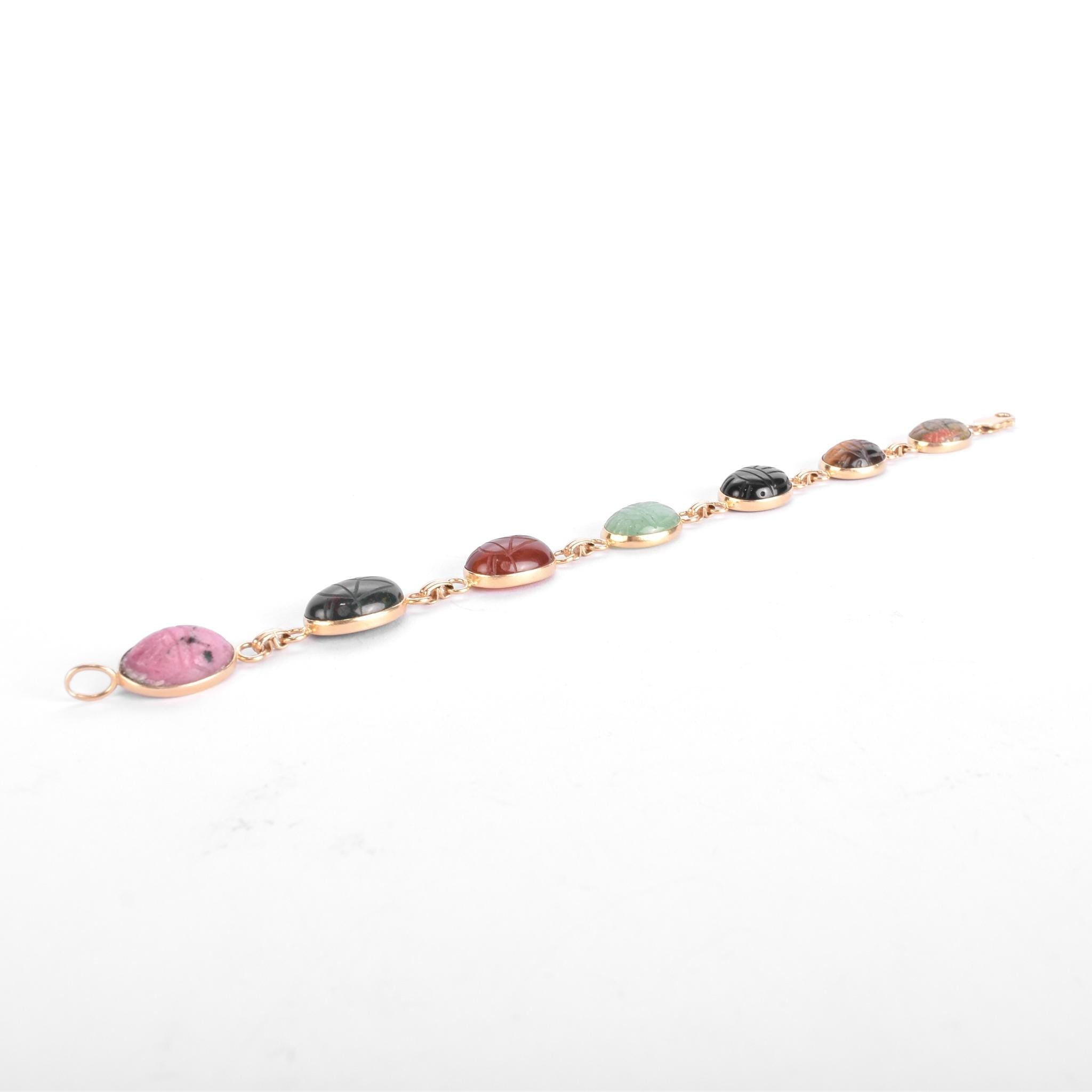 14K Gold Carved Multi-Gemstone Scarab Bracelet