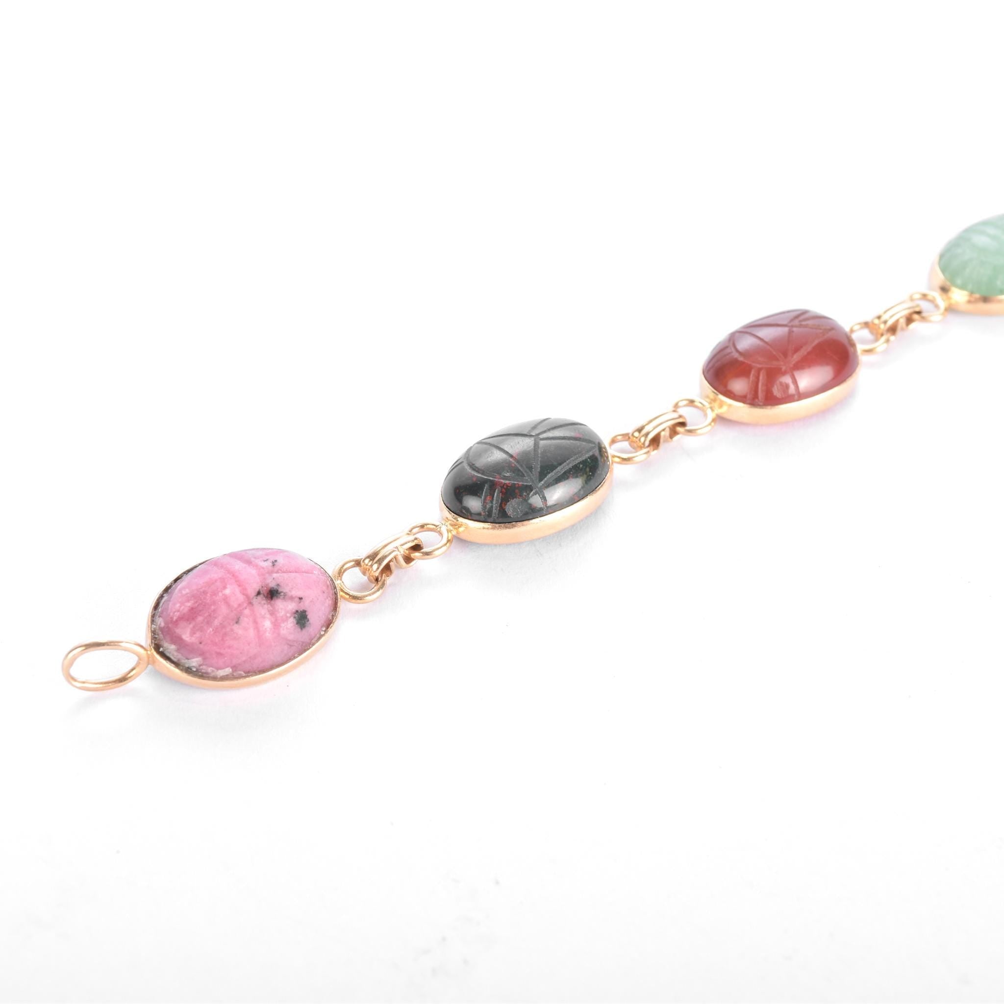 14K Gold Carved Multi-Gemstone Scarab Bracelet