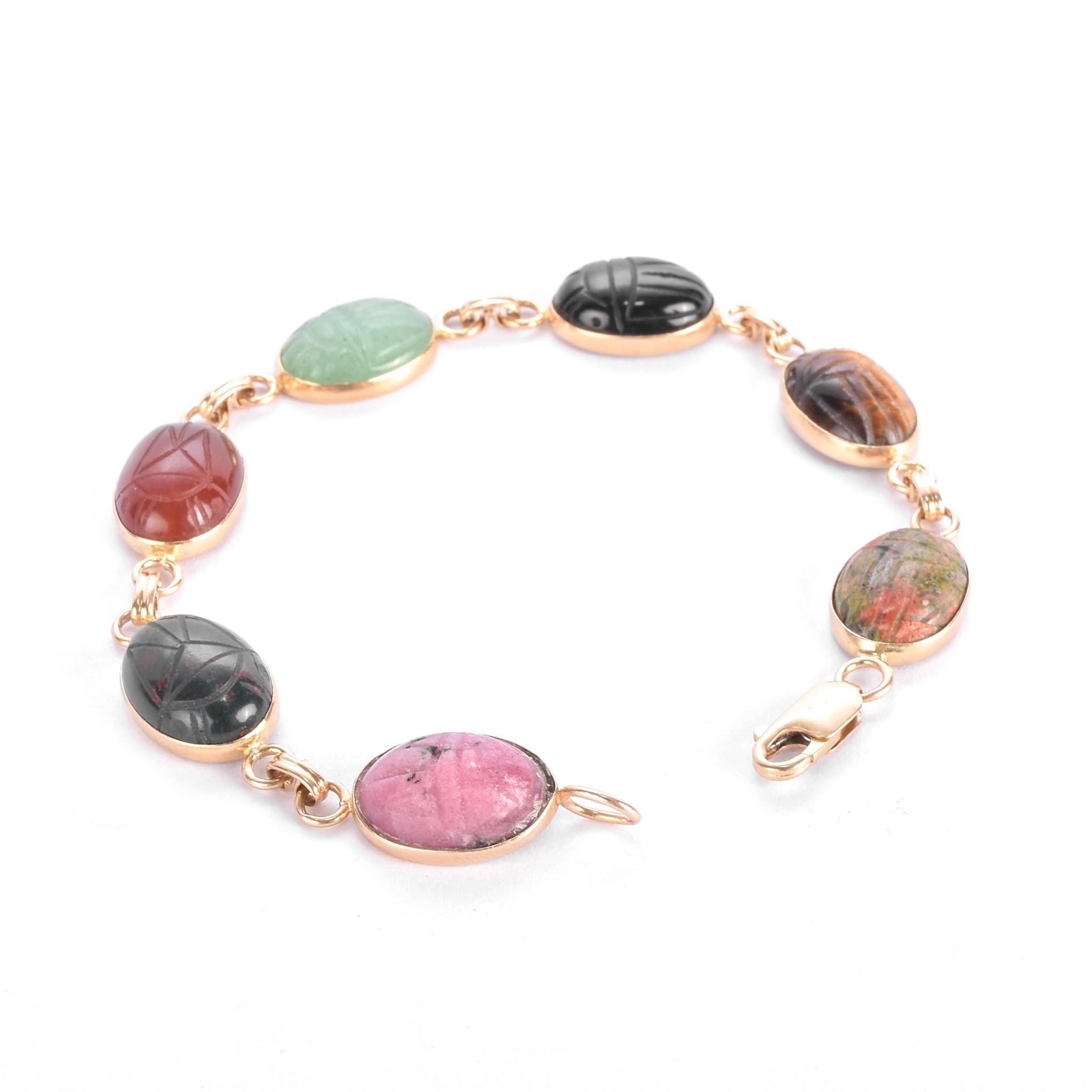 14K Gold Carved Multi-Gemstone Scarab Bracelet