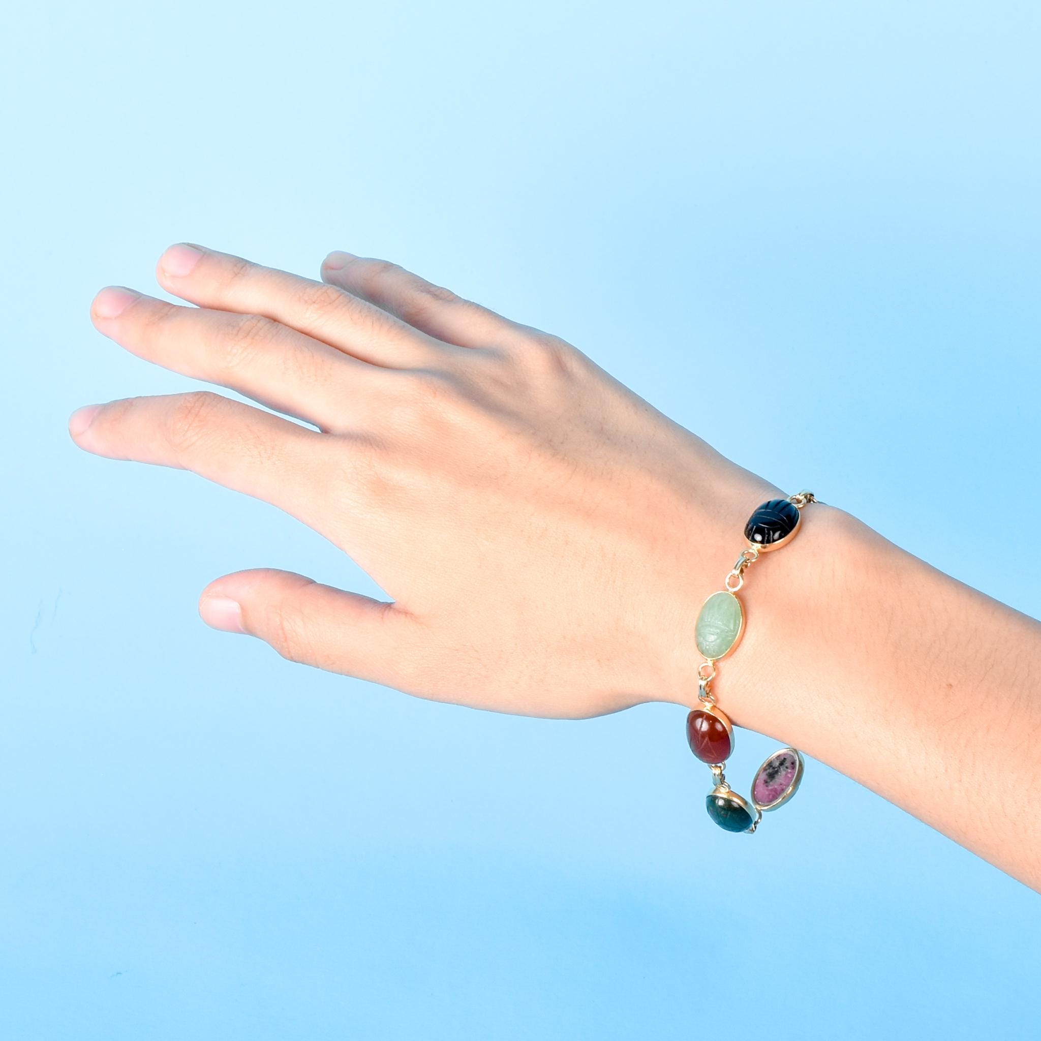 14K Gold Carved Multi-Gemstone Scarab Bracelet
