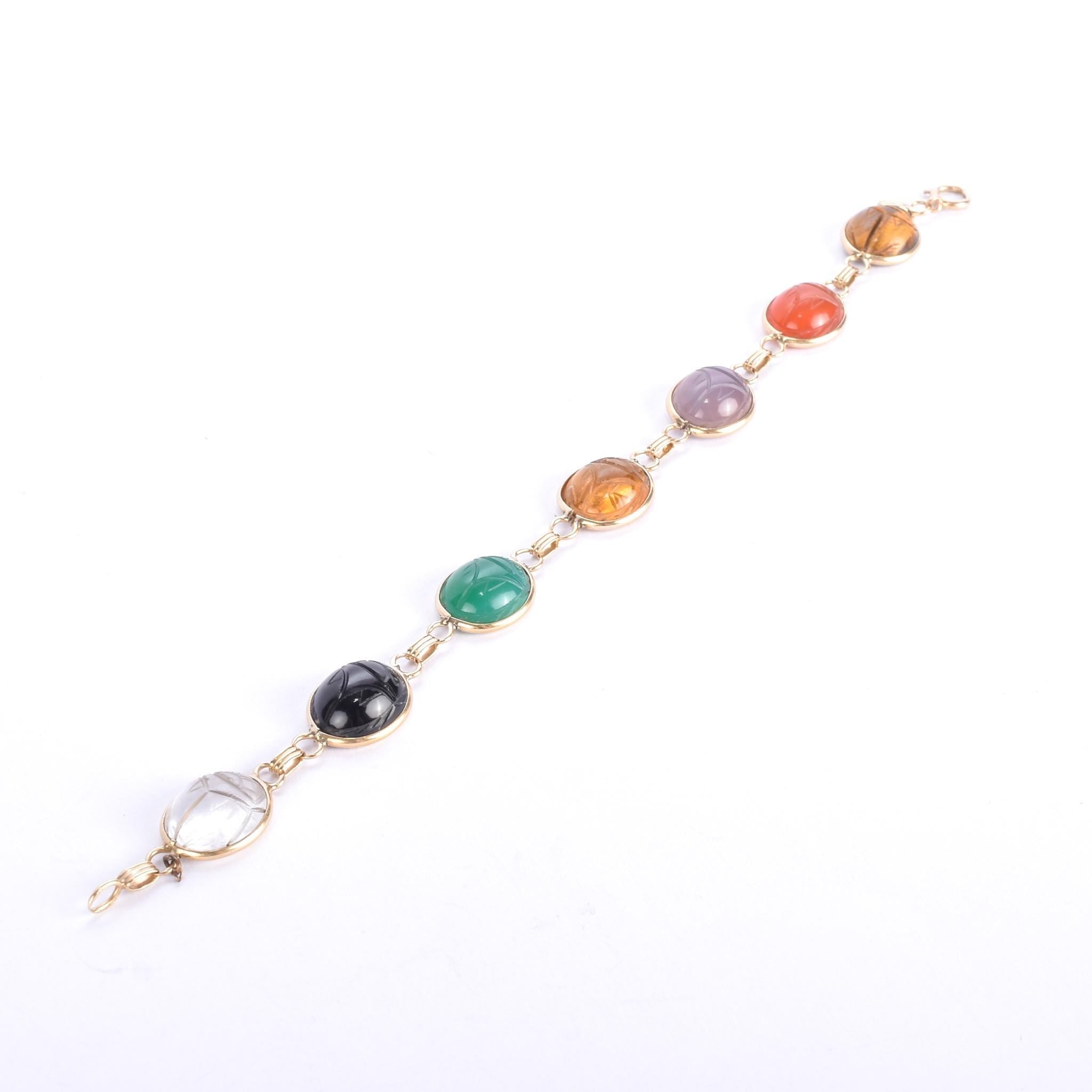 1960s Admark 14K Gold Multi Gemstone Scarab Bracelet