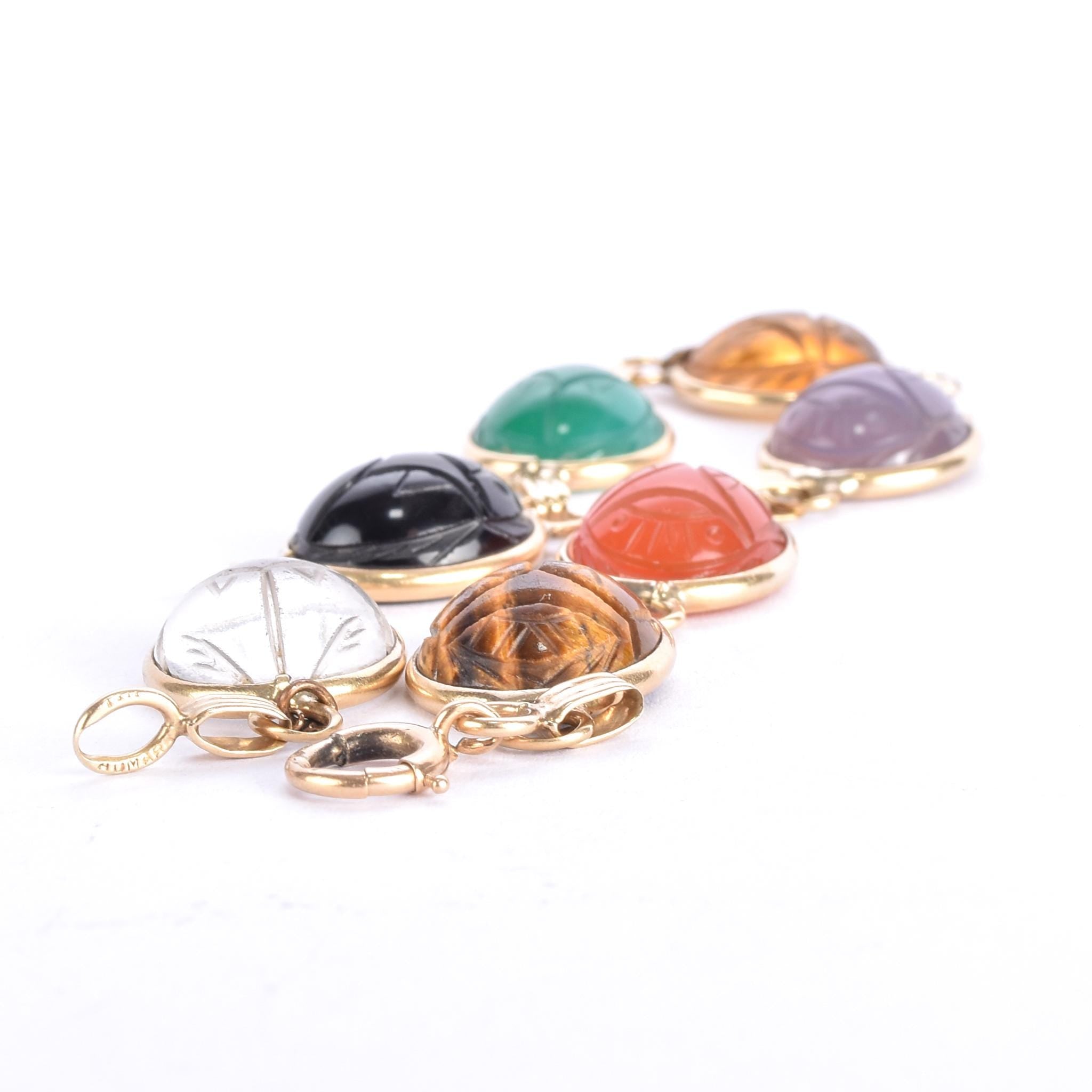 1960s Admark 14K Gold Multi Gemstone Scarab Bracelet