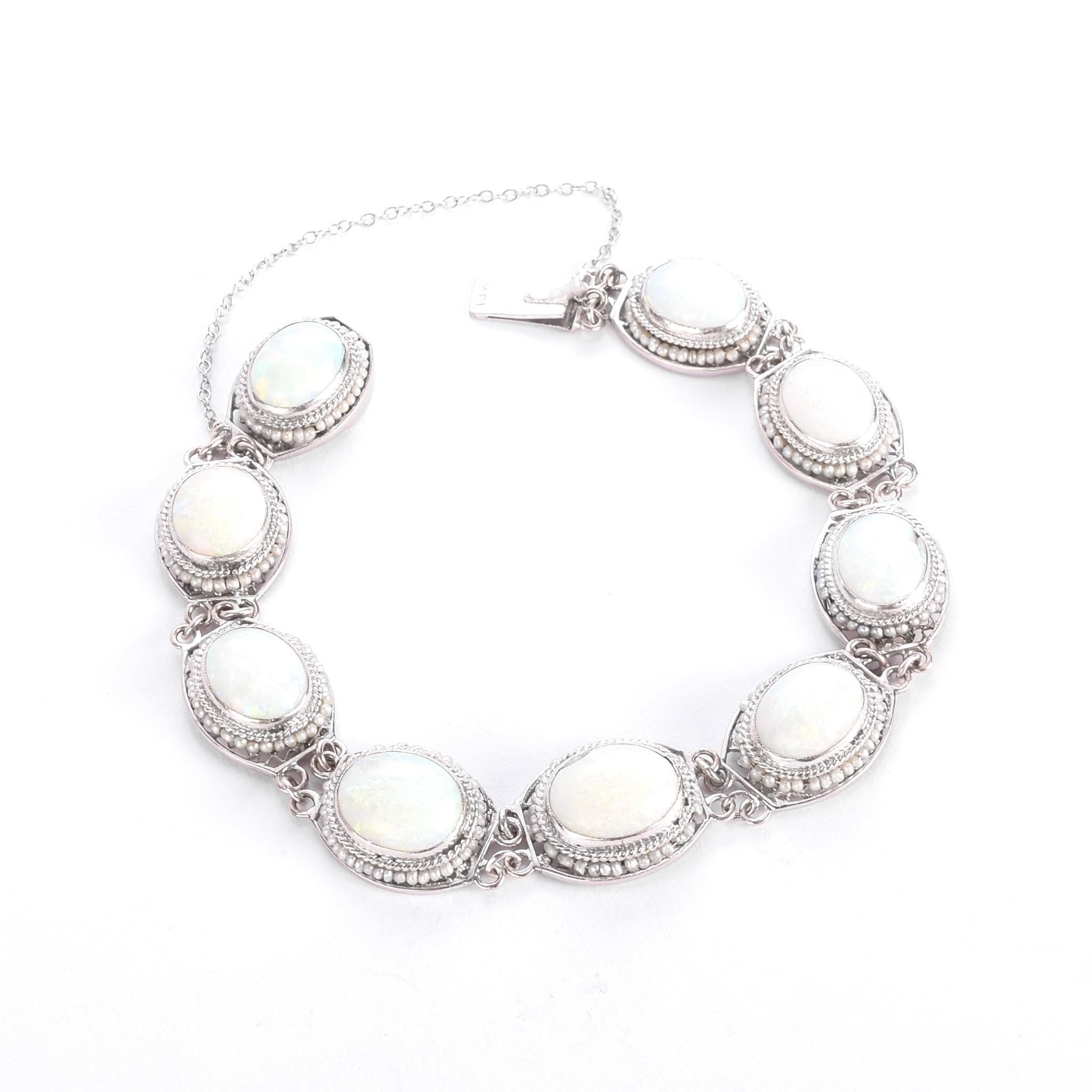 Mid-Century 14K White Gold Opal & Seed Pearl Link Bracelet