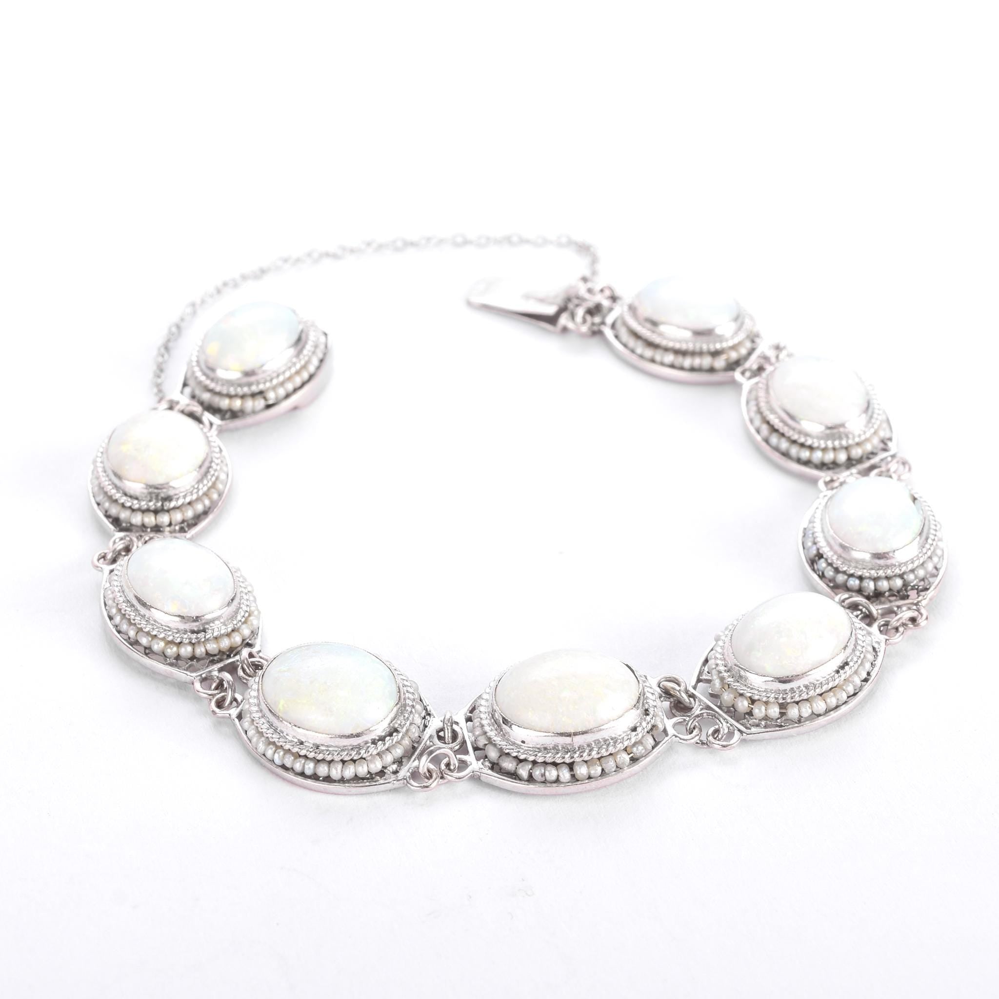 Mid-Century 14K White Gold Opal & Seed Pearl Link Bracelet