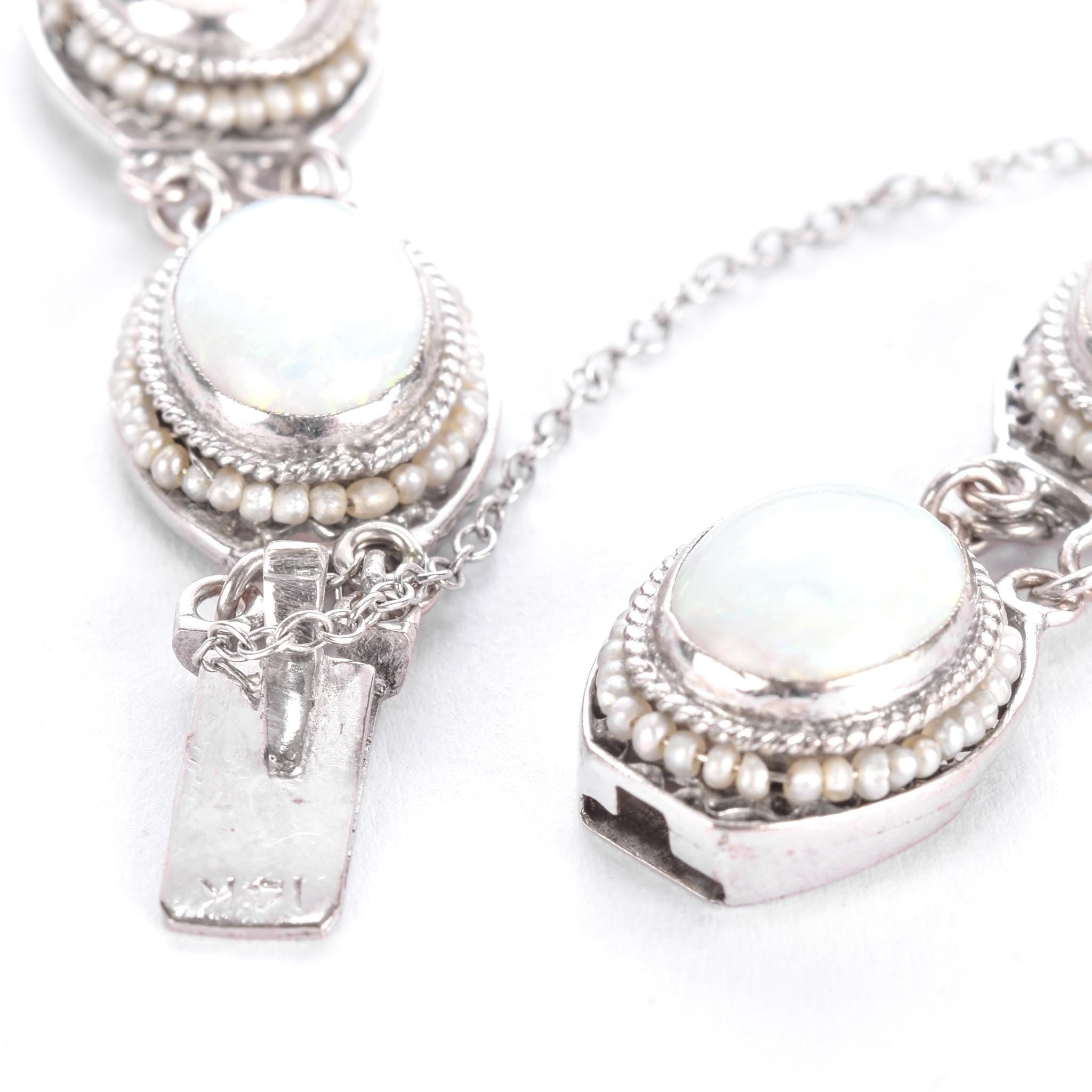 Mid-Century 14K White Gold Opal & Seed Pearl Link Bracelet