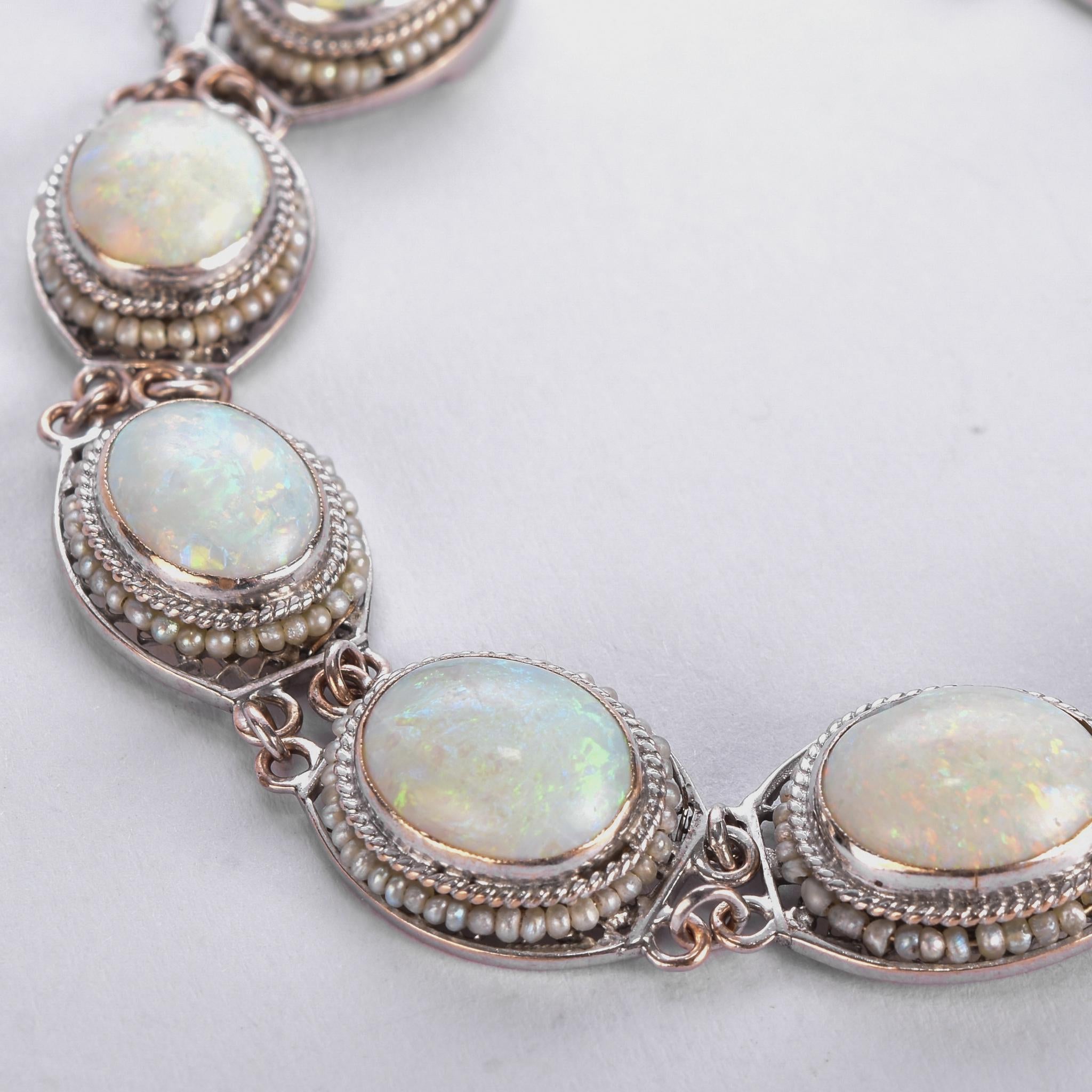 Mid-Century 14K White Gold Opal & Seed Pearl Link Bracelet