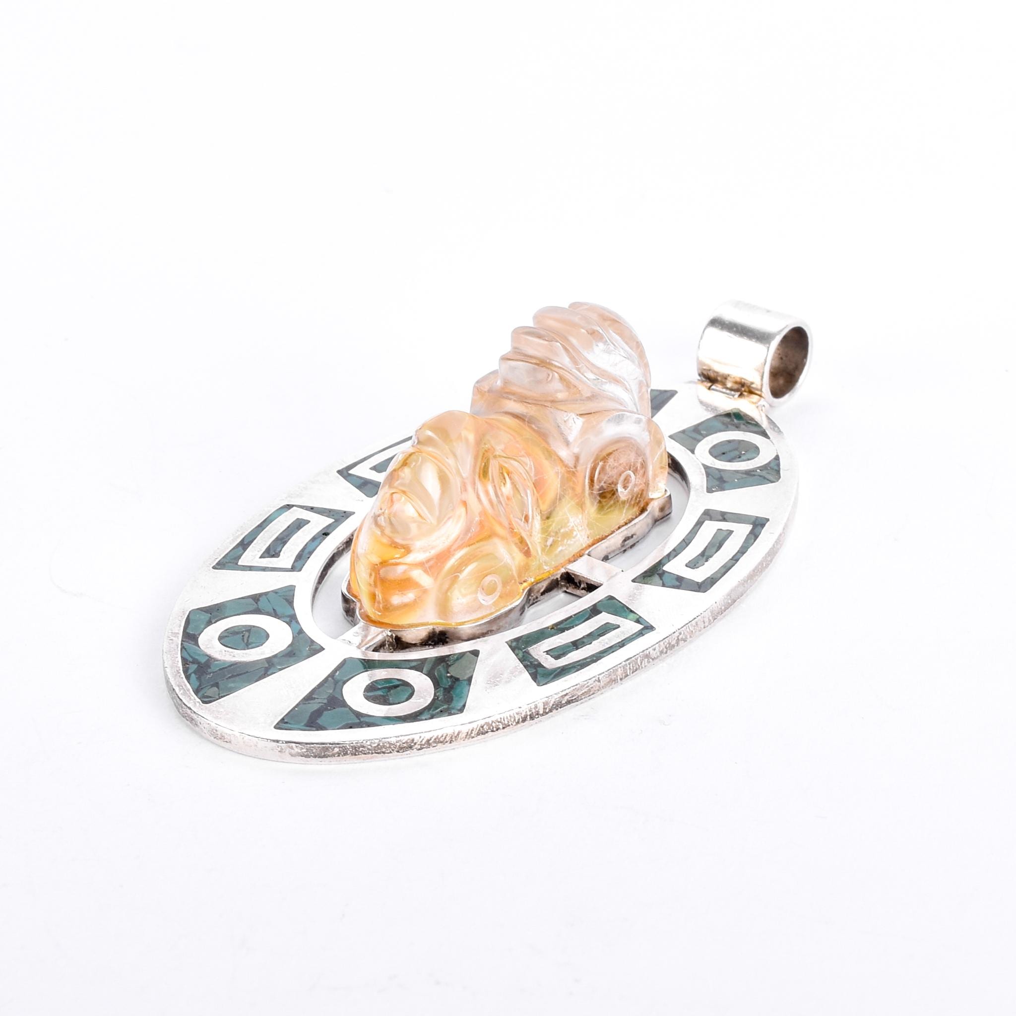 Sterling Silver Taxco Carved Rudilated Quartz Mayan Mask & Malachite Chip Inlay Pendant