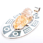 Sterling Silver Taxco Carved Rudilated Quartz Mayan Mask & Malachite Chip Inlay Pendant