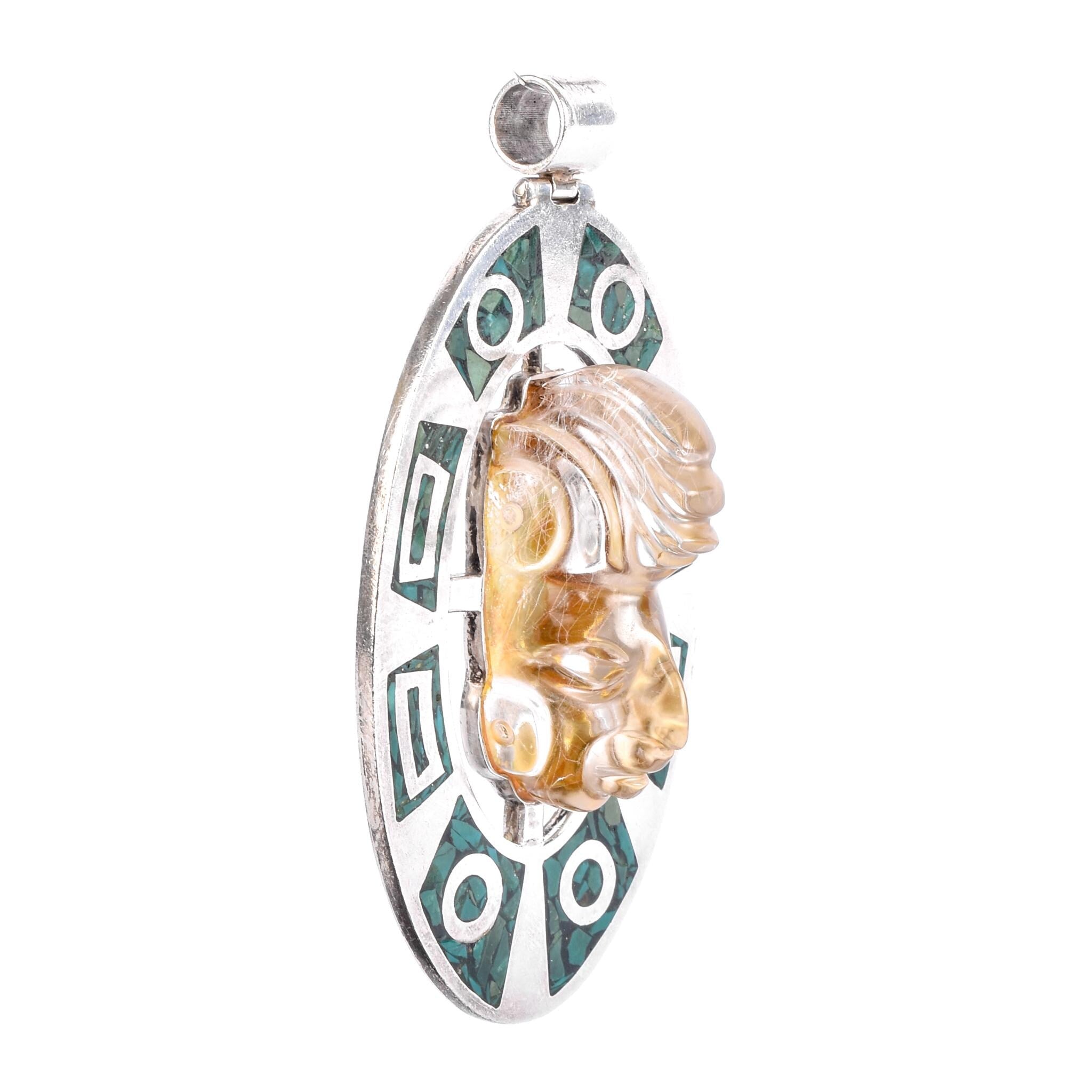Sterling Silver Taxco Carved Rudilated Quartz Mayan Mask & Malachite Chip Inlay Pendant