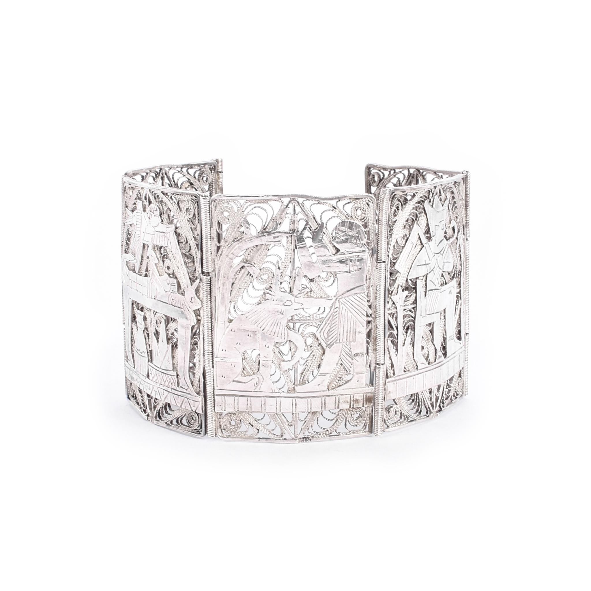 900 Silver Art Deco Egyptian Revival Filigree Storytelling Bracelet
