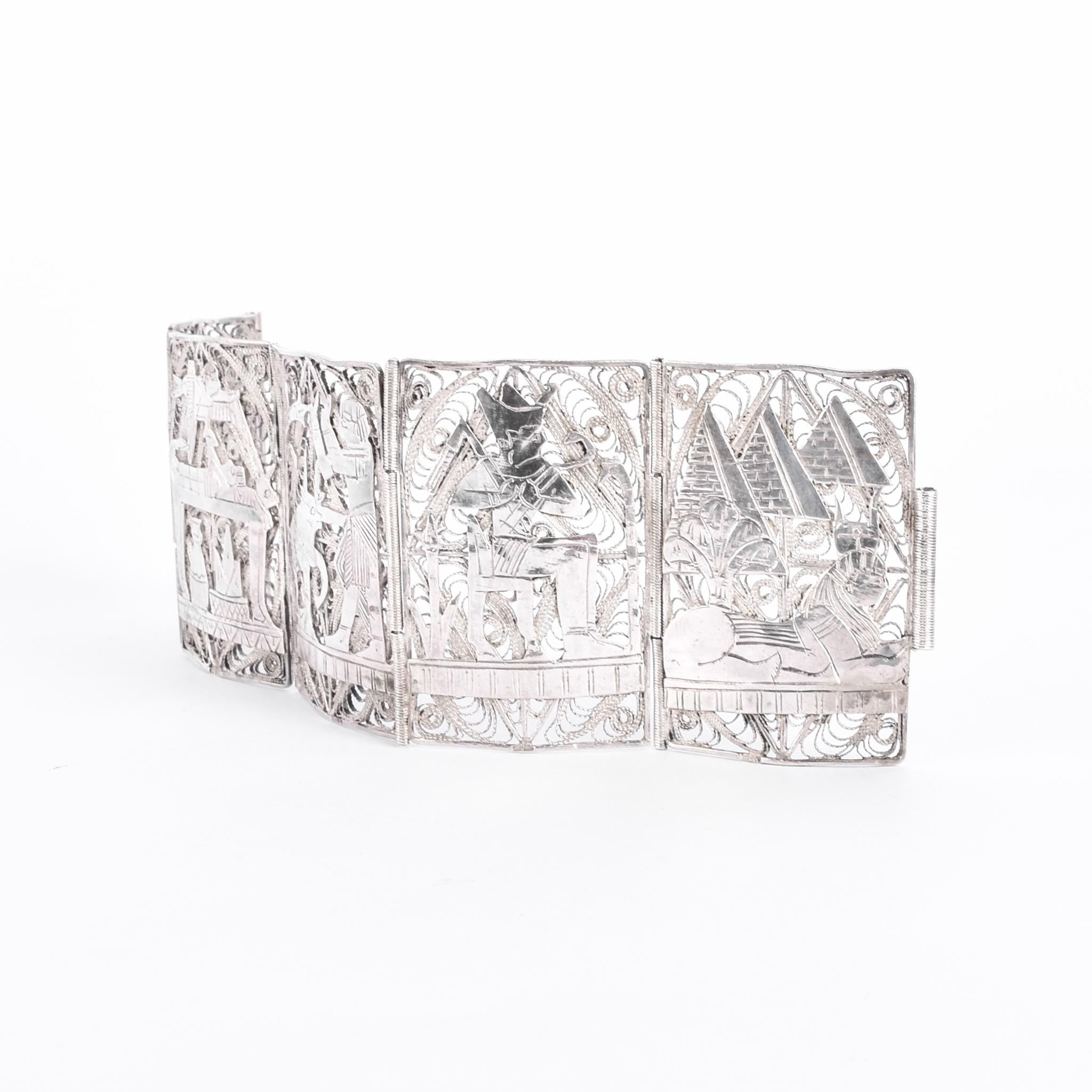 900 Silver Art Deco Egyptian Revival Filigree Storytelling Bracelet