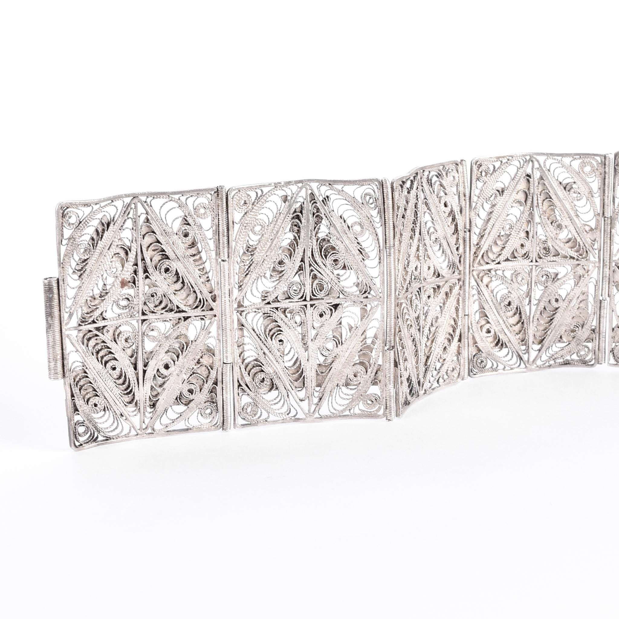 900 Silver Art Deco Egyptian Revival Filigree Storytelling Bracelet