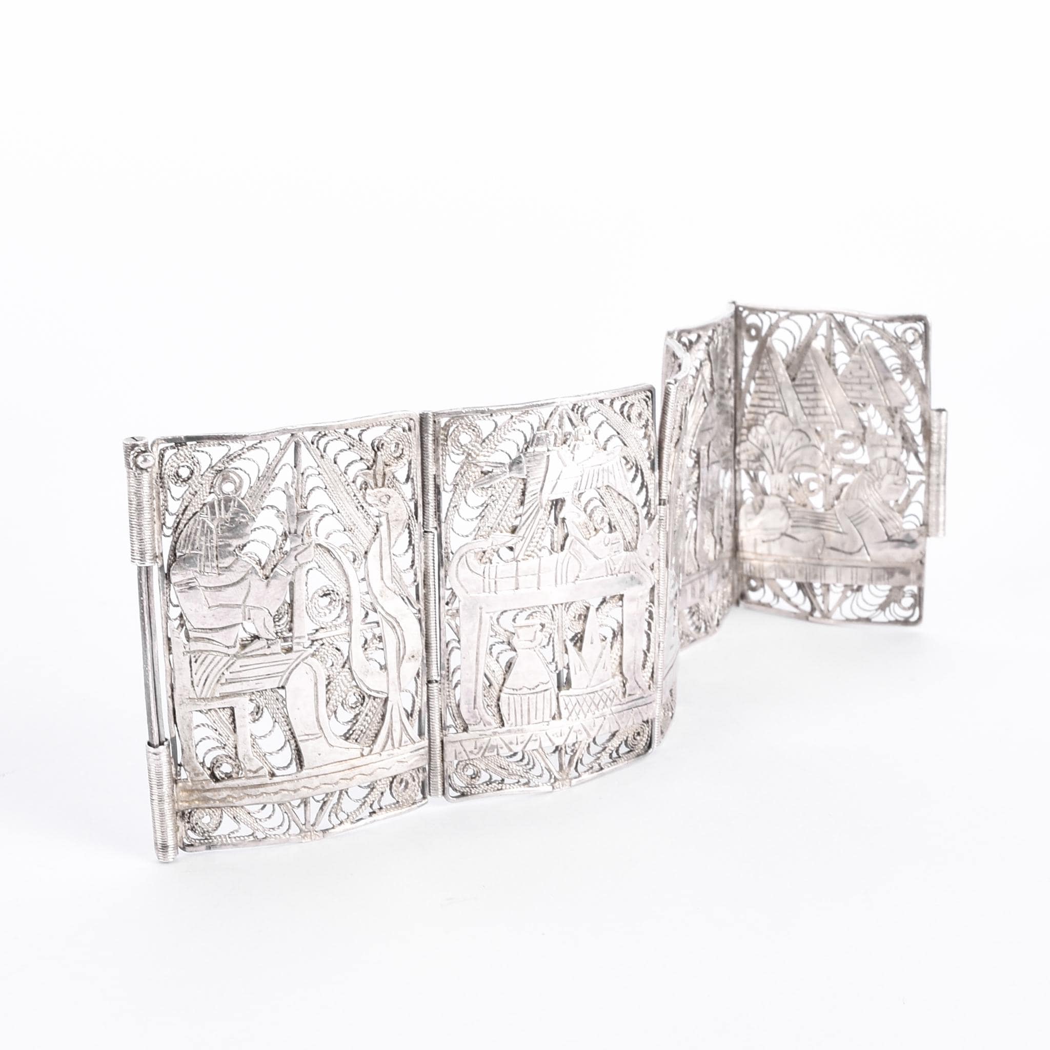 900 Silver Art Deco Egyptian Revival Filigree Storytelling Bracelet