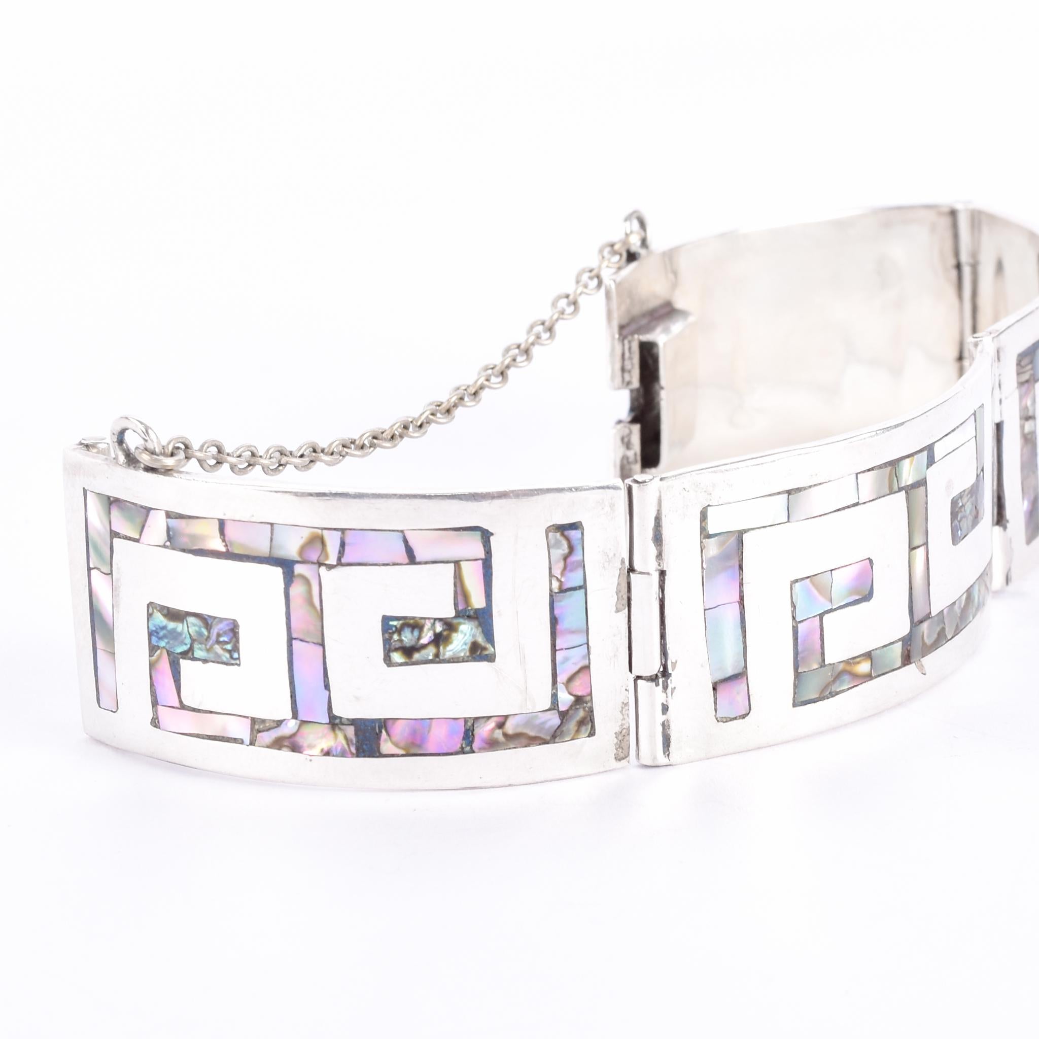 Sterling Silver Mexican Modernist Abalone Inlay Bracelet