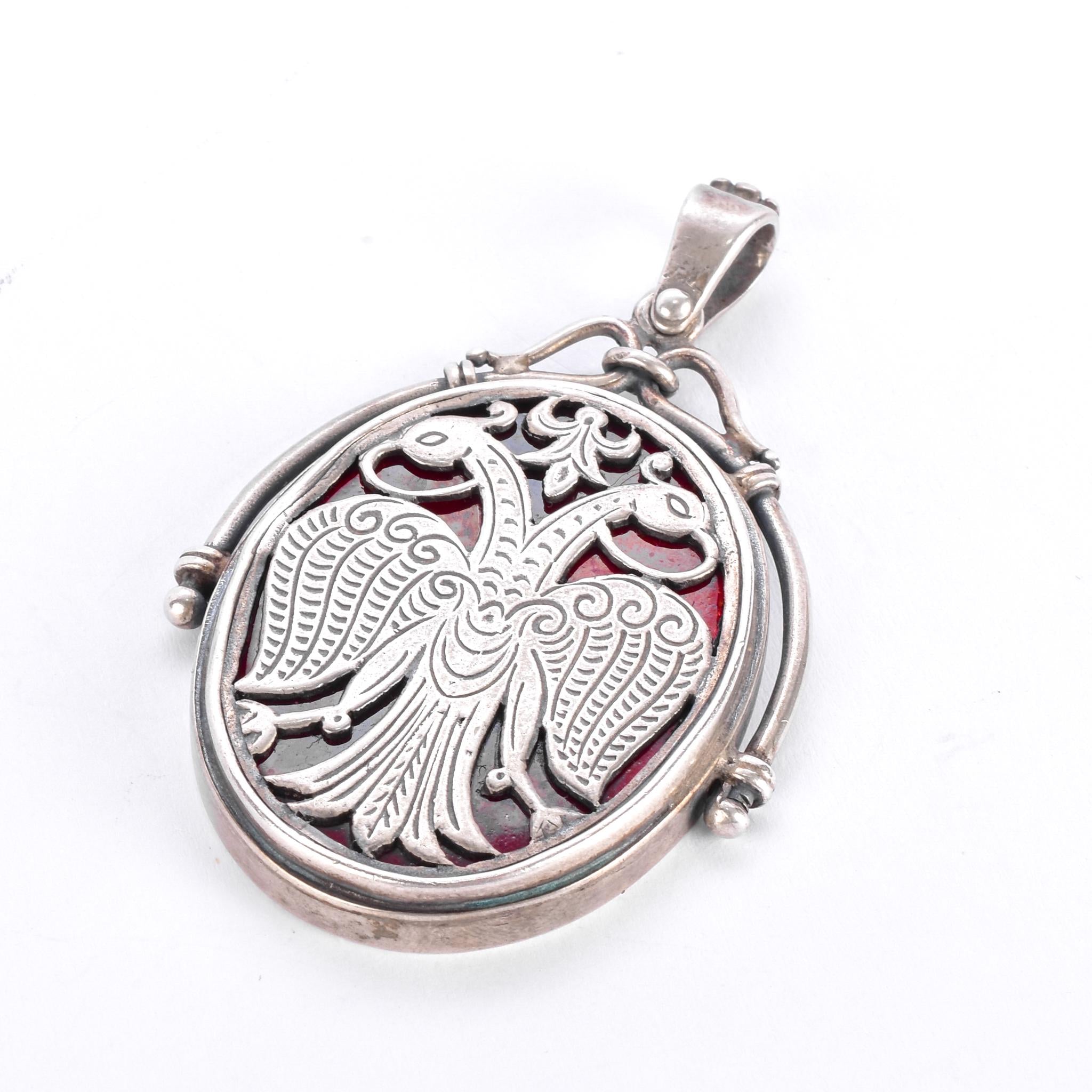 Sterling Silver & Red Enamel Two-Headed Swan Pendant