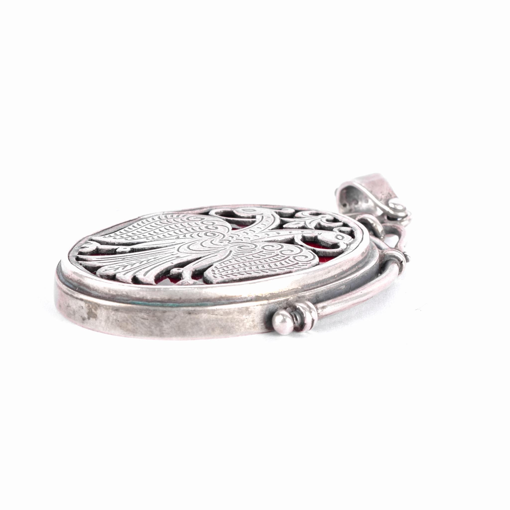 Sterling Silver & Red Enamel Two-Headed Swan Pendant
