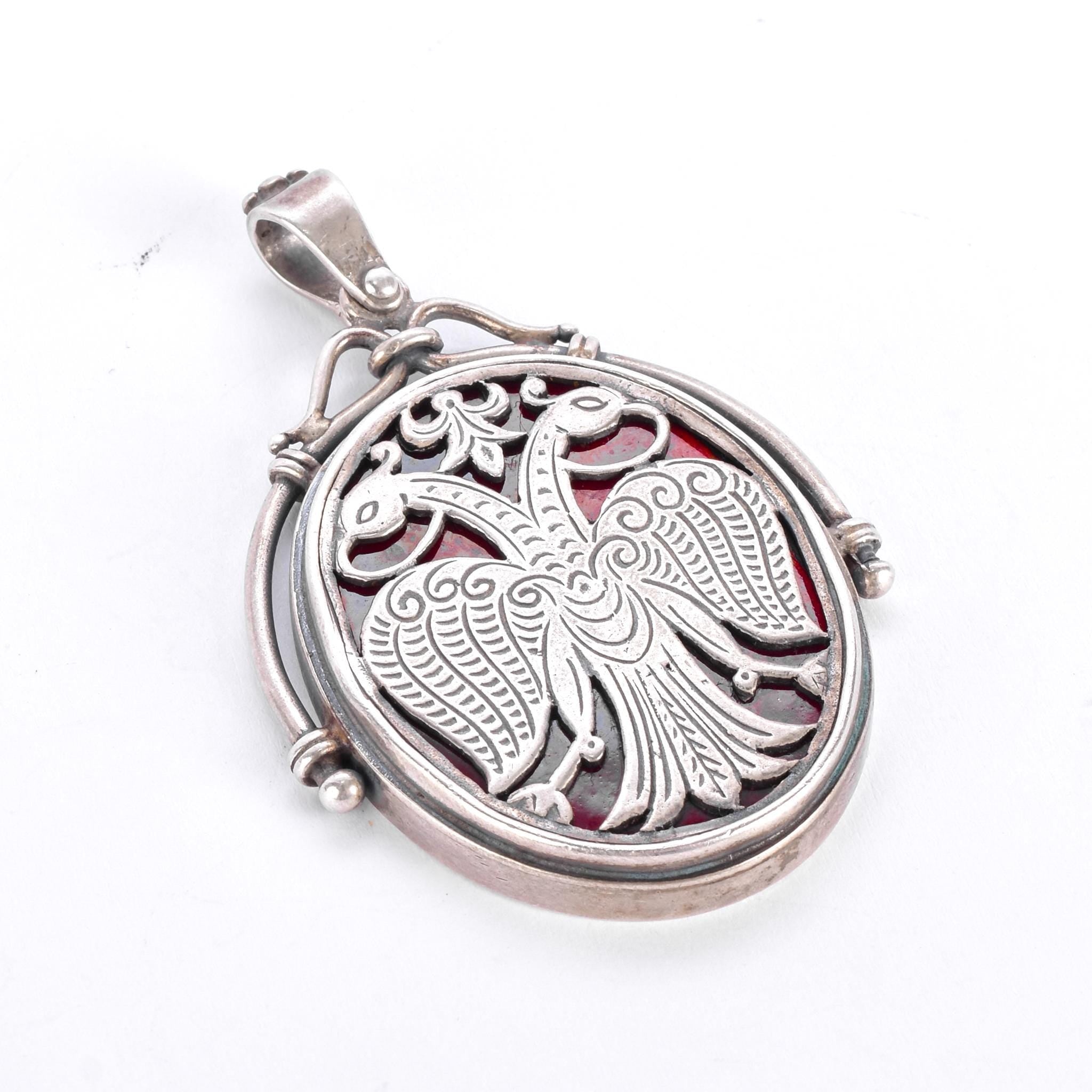 Sterling Silver & Red Enamel Two-Headed Swan Pendant