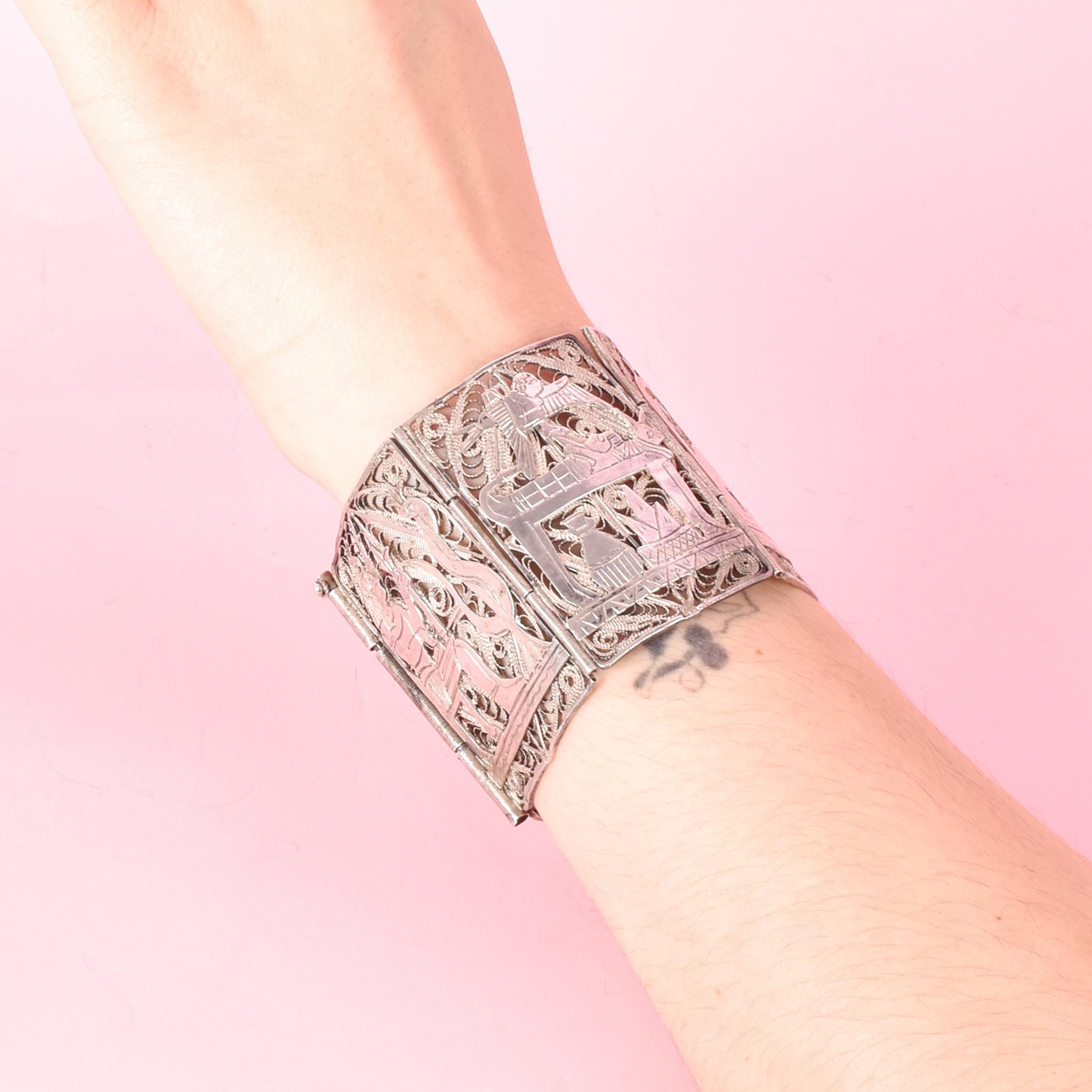 900 Silver Art Deco Egyptian Revival Filigree Storytelling Bracelet