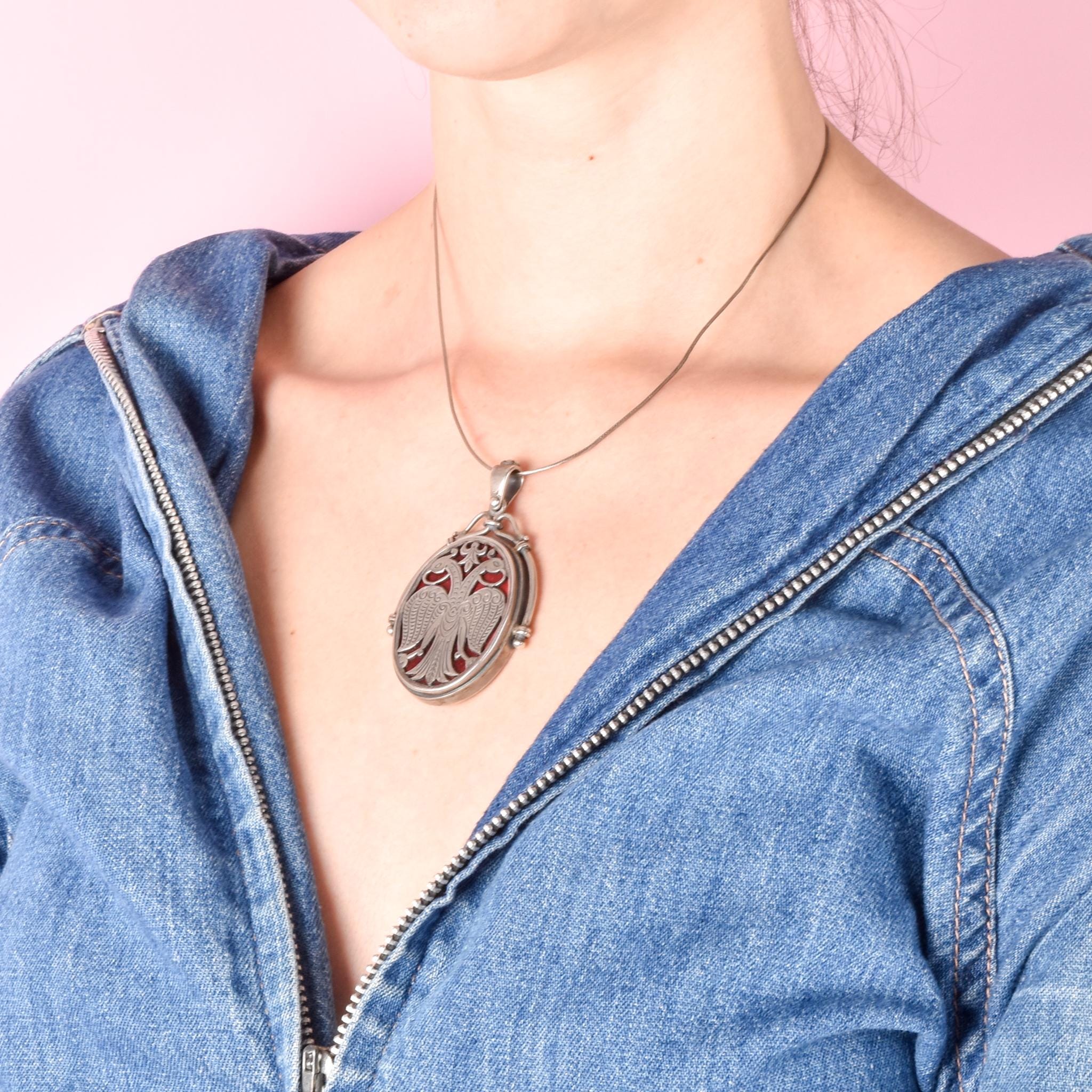 Sterling Silver & Red Enamel Two-Headed Swan Pendant