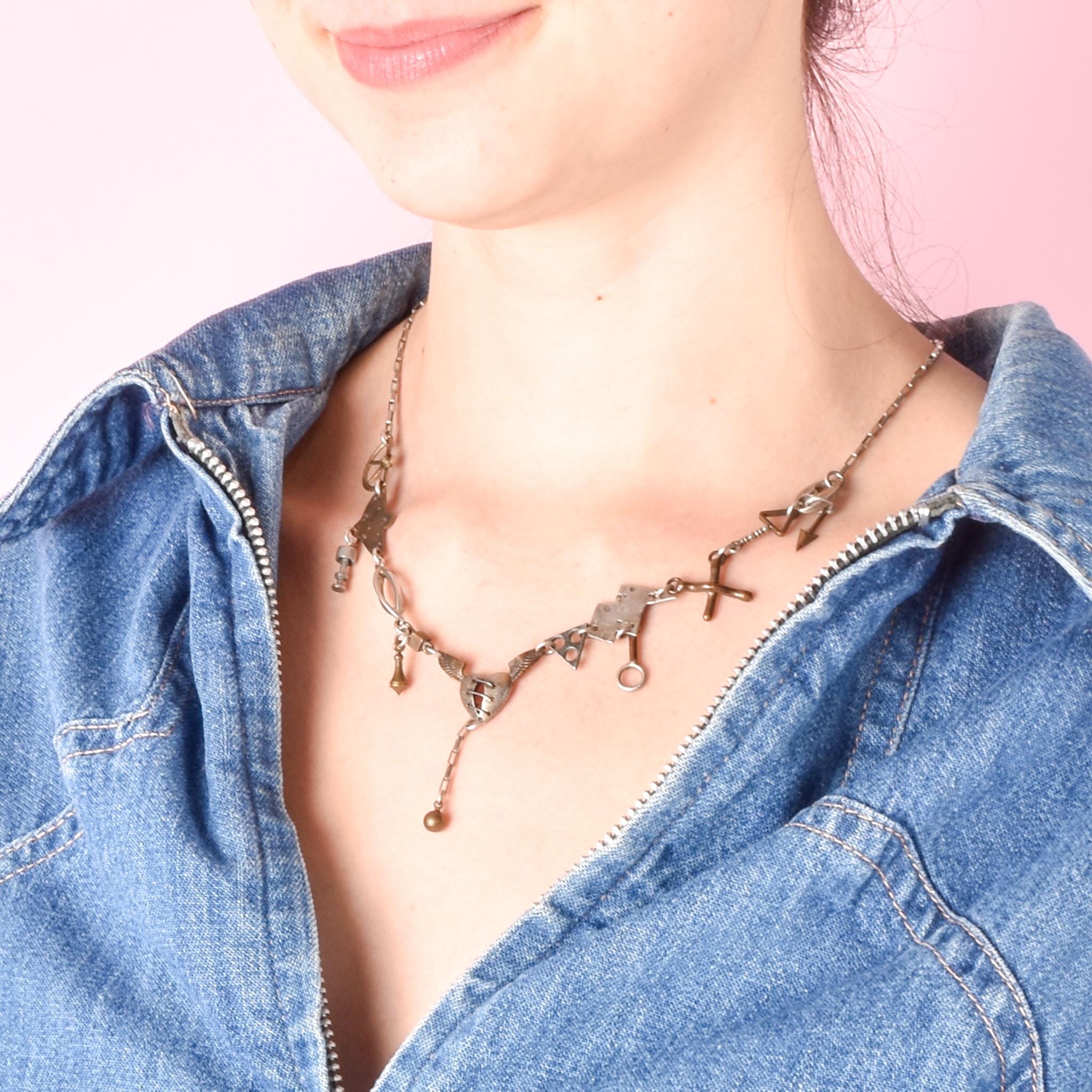 Sterling Silver & Bronze Thomas Mann Techno-Romantic Stitched Heart Collage Necklace