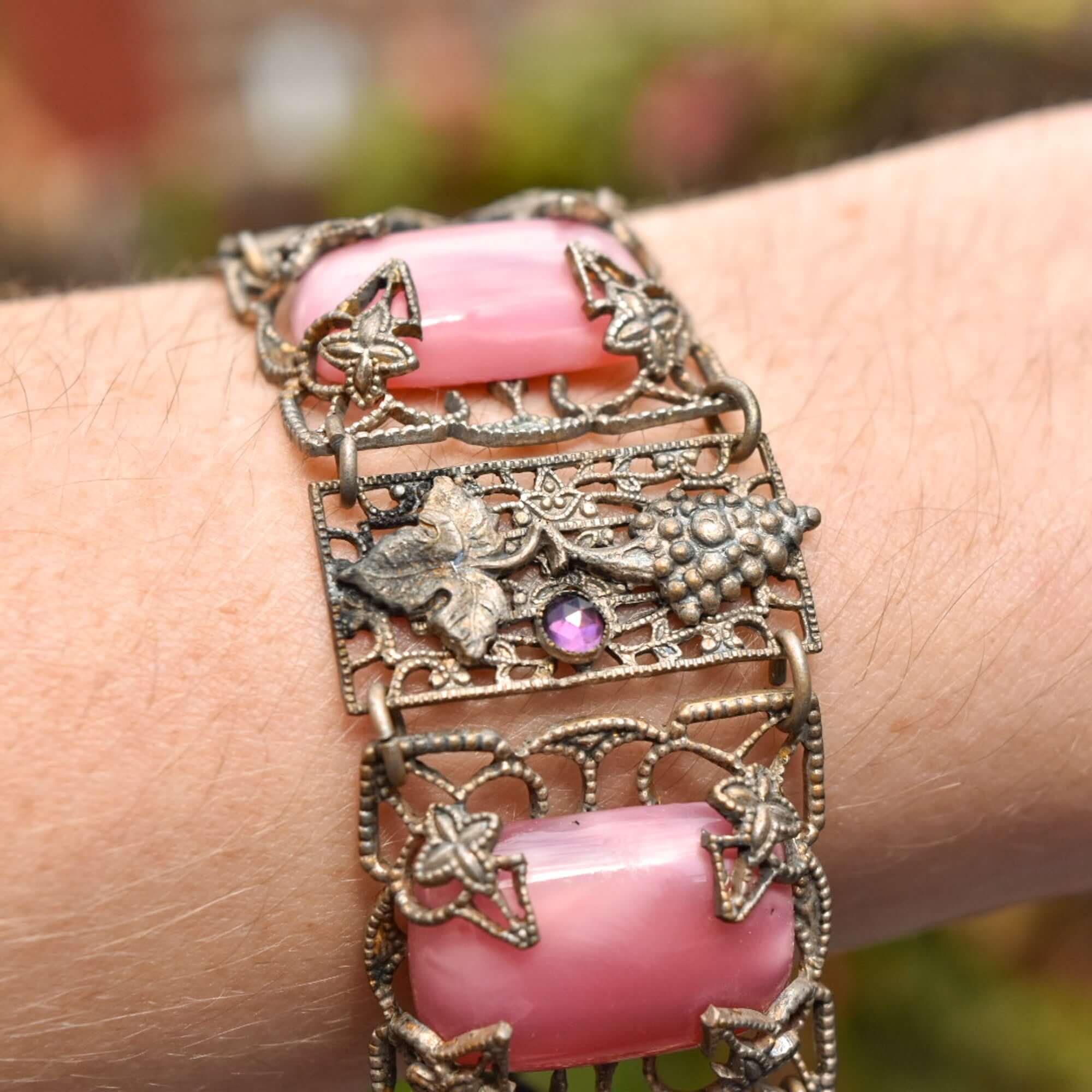 Art Nouveau Czech Pink Peking Glass Grape Motif Bracelet