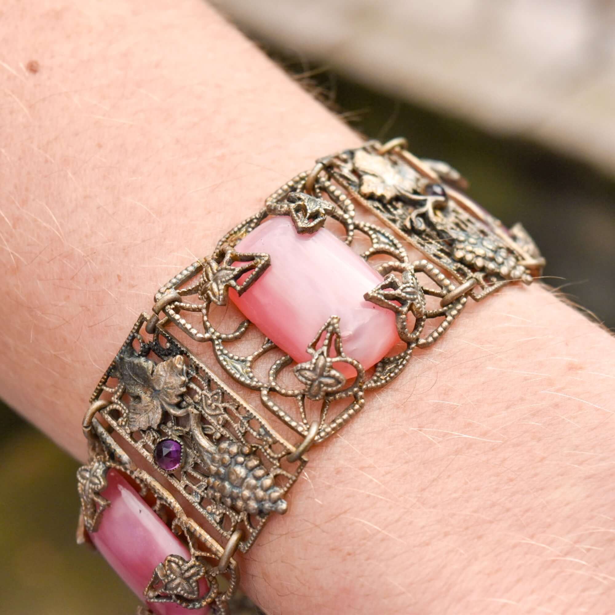 Art Nouveau Czech Pink Peking Glass Grape Motif Bracelet