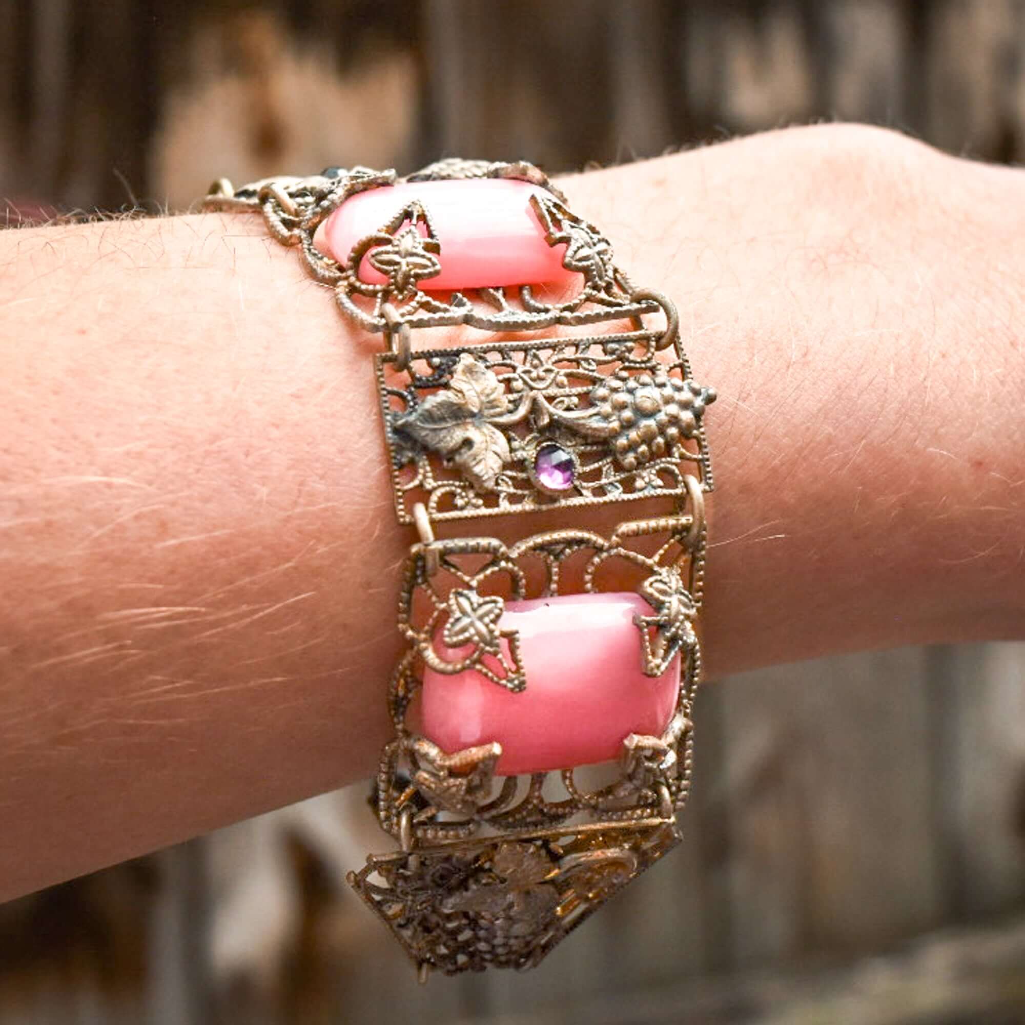 Art Nouveau Czech Pink Peking Glass Grape Motif Bracelet