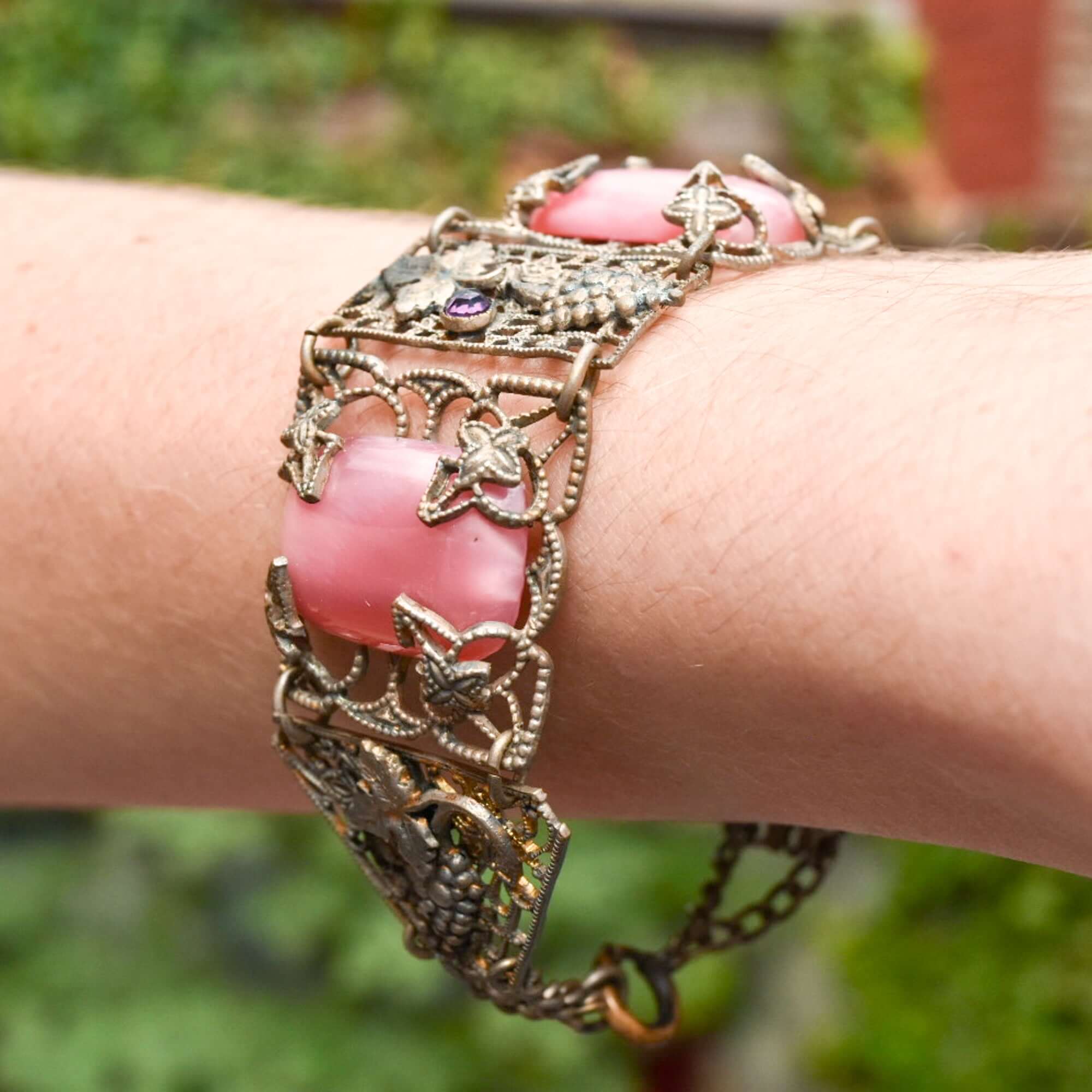 Art Nouveau Czech Pink Peking Glass Grape Motif Bracelet
