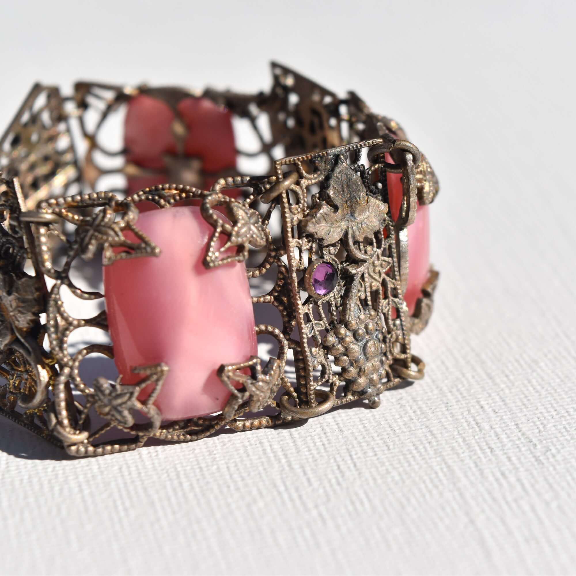 Art Nouveau Czech Pink Peking Glass Grape Motif Bracelet