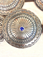 Vintage Navajo sterling silver concho belt with lapis lazuli stone accents, handmade Native American leather belt showcasing intricate southwestern designs and craftsmanship.