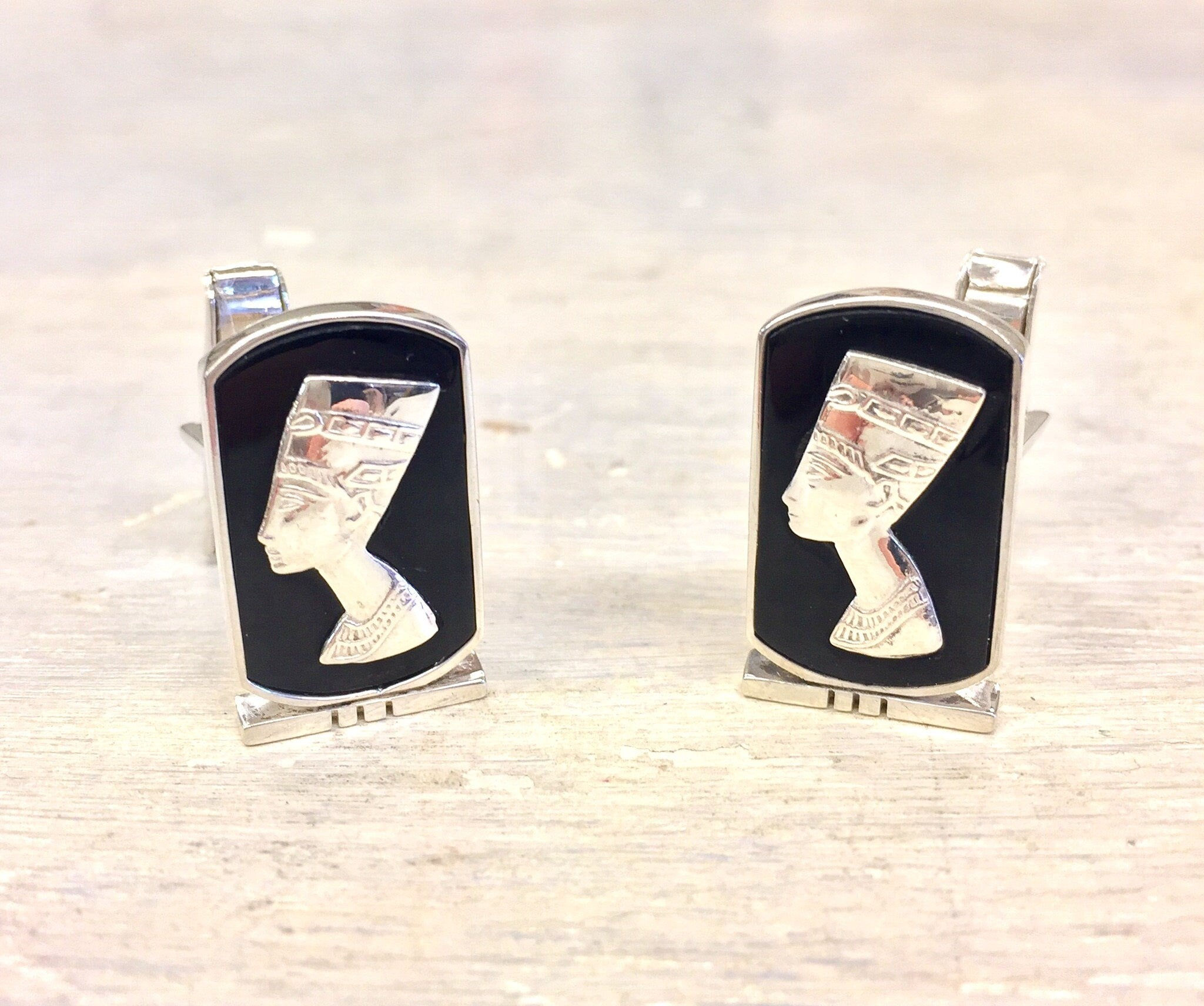 Sterling Silver Nefertiti Cufflinks | Vintage Cufflinks | Cuff Links | Black Cuff Links | Egyptian Jewelry | Nefertiti Jewelry | Formal Wear