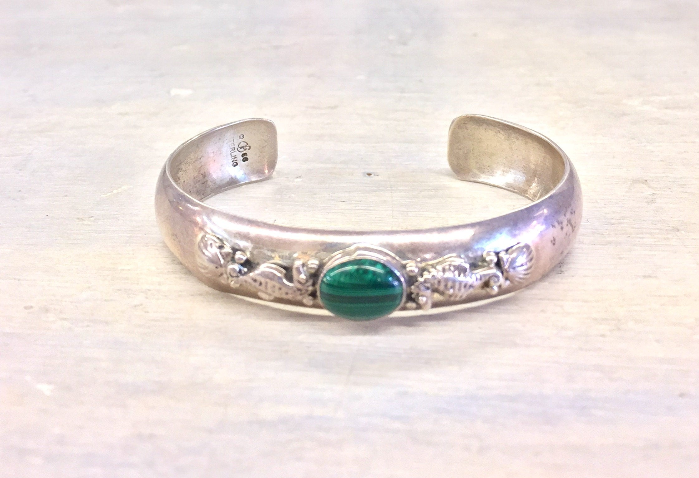 Sterling Jewelry | Silver Cuff Bracelet | Malachite Jewelry | Green Stone | Malachite | Vintage Jewelry | Seahorse | Vintage Bracelet | gift