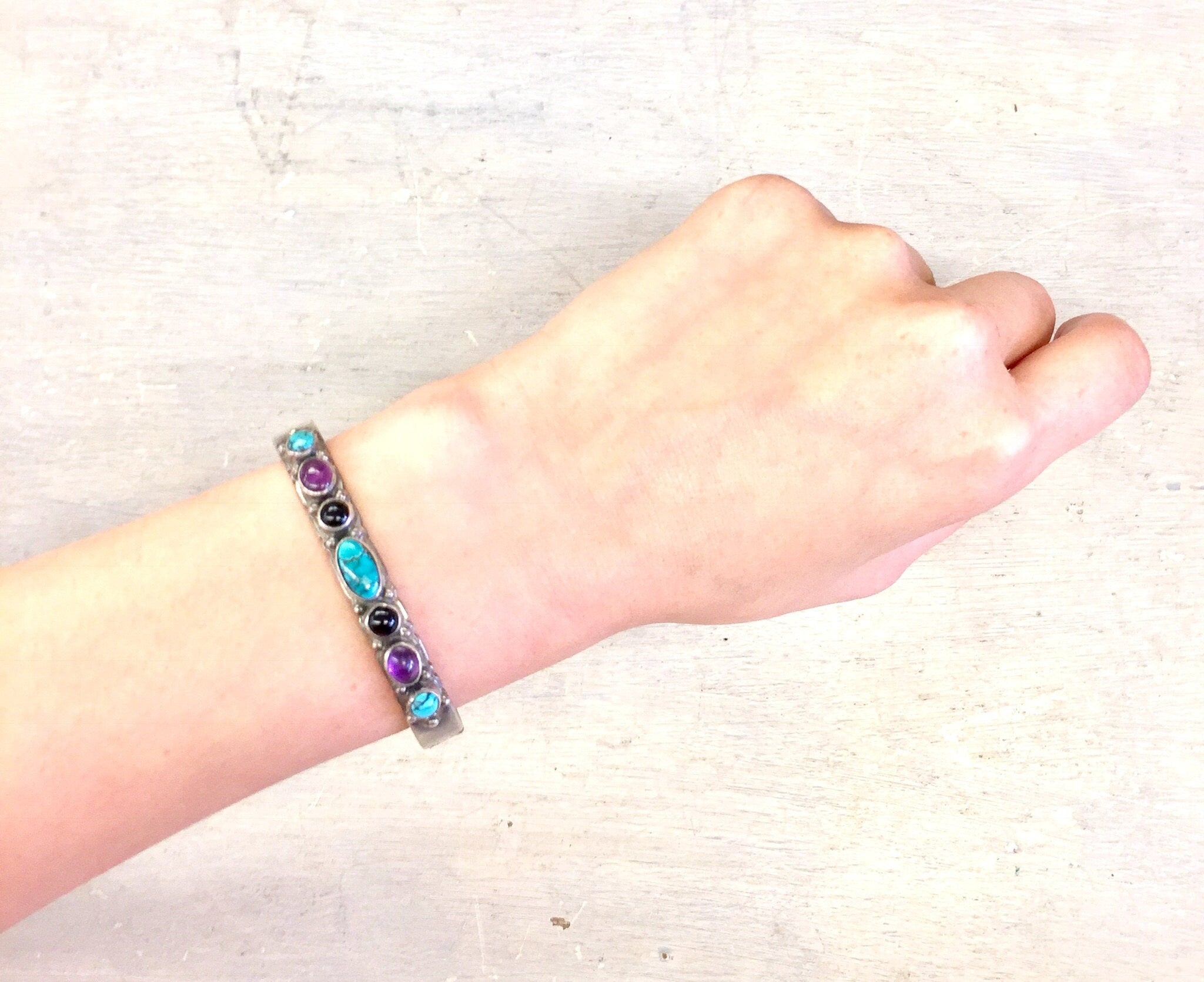 Sterling Bracelet | Cuff Bracelet | Silver Jewelry | Vintage Jewelry | Vintage Silver | Turquoise | Onyx | Purple | Vintage Turquoise