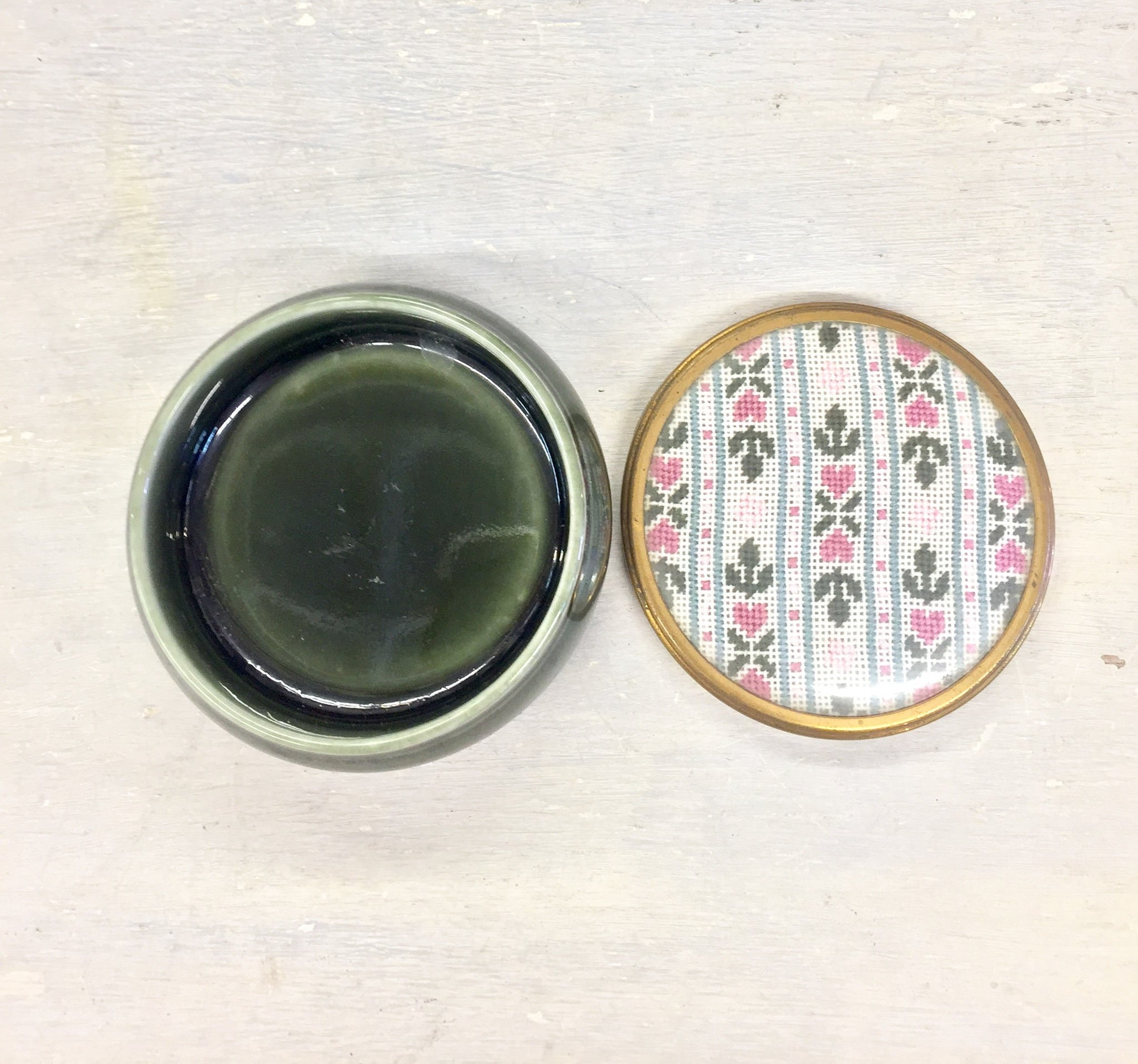Vintage Hand Stitched Jewelry Box | Embroidered Trinket Box | Made in England | Jewelry Storage | Green | Pink | Floral Embroidery | Ceramic