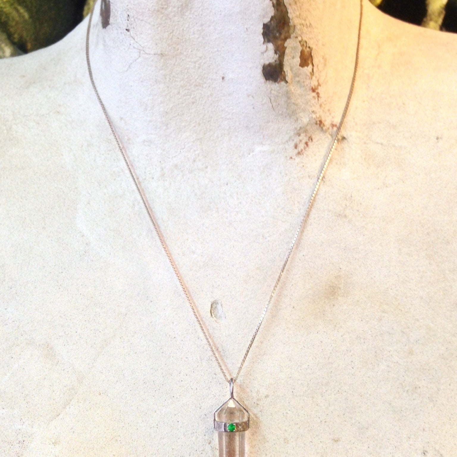 Vintage Quartz Pendant, Wrapped Quartz, Emerald Stone, Crystal Pendant, Sterling Silver, Chain Necklace, Vintage Jewelry, Green Stone, 90's