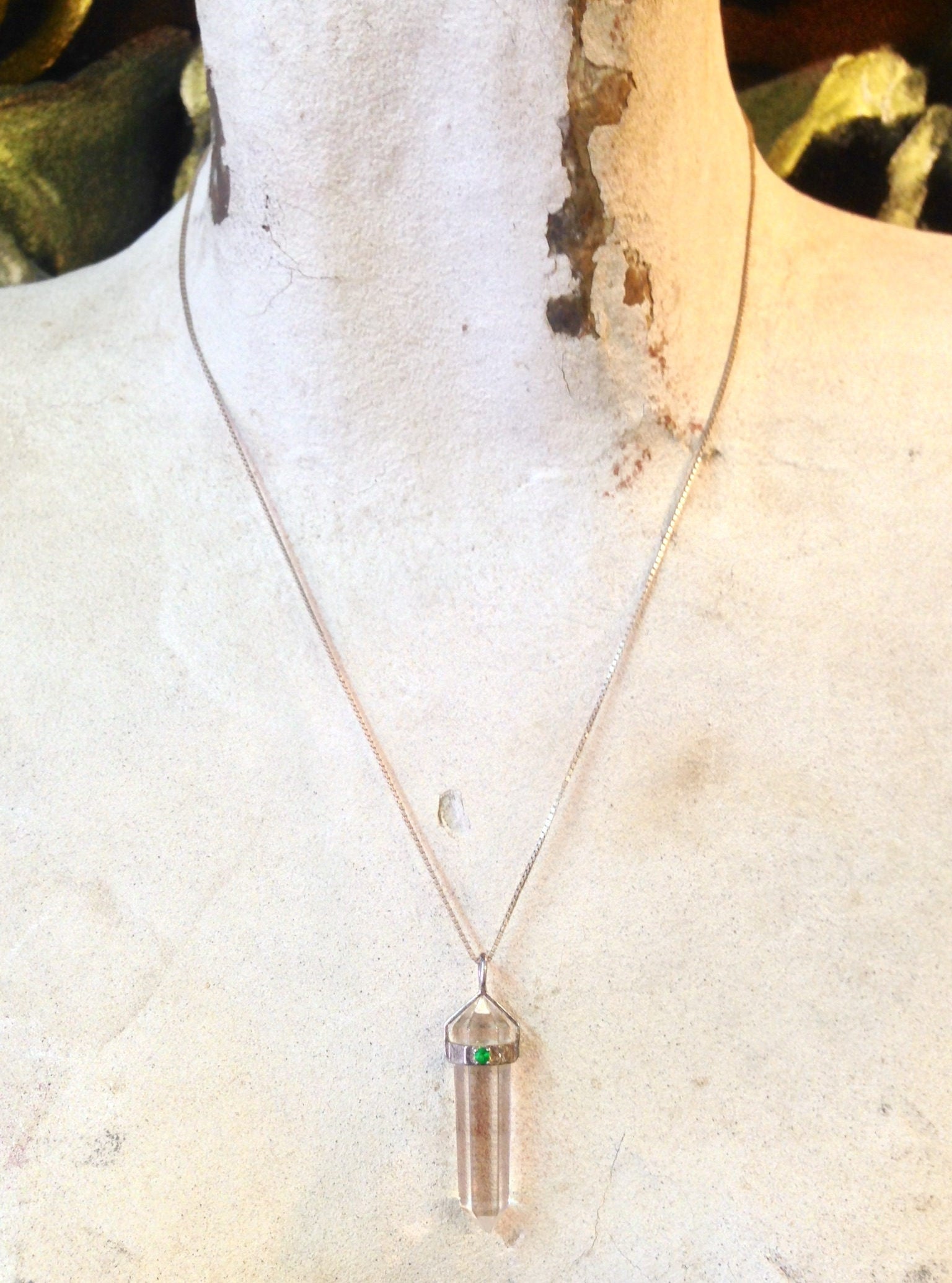 Vintage Quartz Pendant, Wrapped Quartz, Emerald Stone, Crystal Pendant, Sterling Silver, Chain Necklace, Vintage Jewelry, Green Stone, 90's