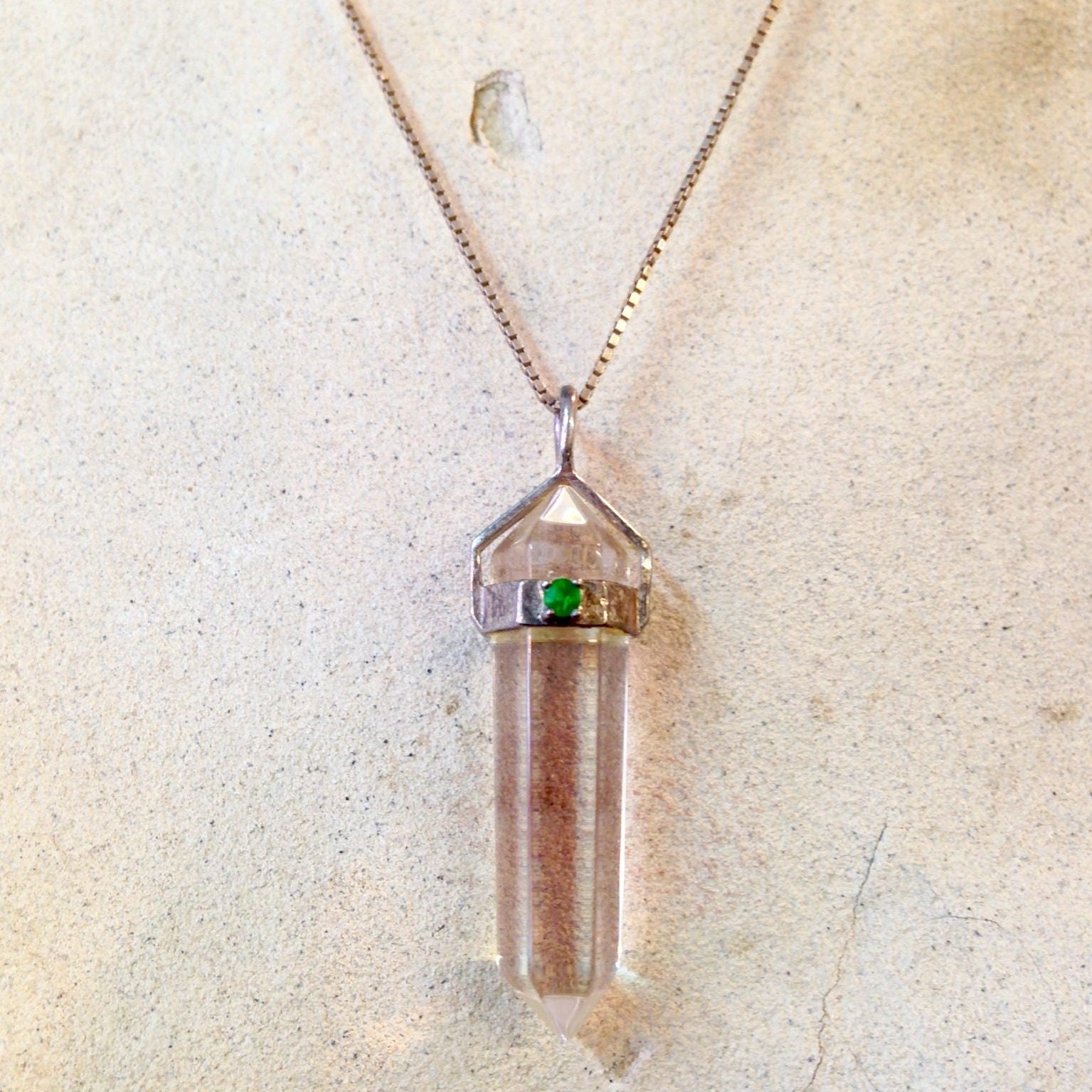 Vintage Quartz Pendant, Wrapped Quartz, Emerald Stone, Crystal Pendant, Sterling Silver, Chain Necklace, Vintage Jewelry, Green Stone, 90's