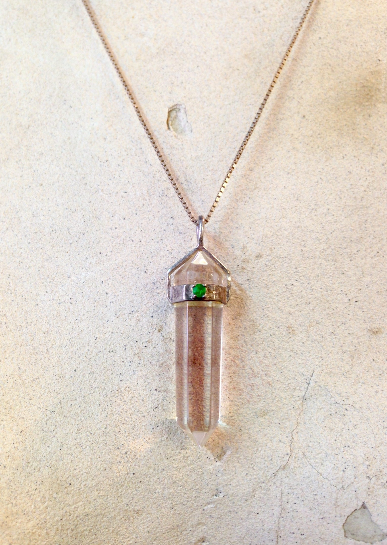 Vintage Quartz Pendant, Wrapped Quartz, Emerald Stone, Crystal Pendant, Sterling Silver, Chain Necklace, Vintage Jewelry, Green Stone, 90's