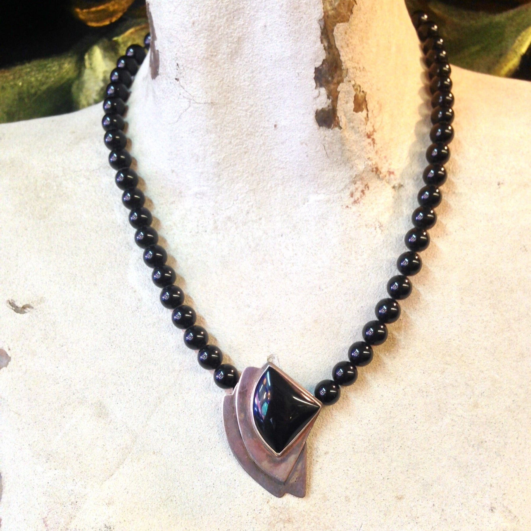 Art Deco Necklace, Beaded Necklace, Sterling Silver, Vintage Necklace, Black Onyx Beads, Art Deco Jewelry, Statement Necklace, Black Jewelry