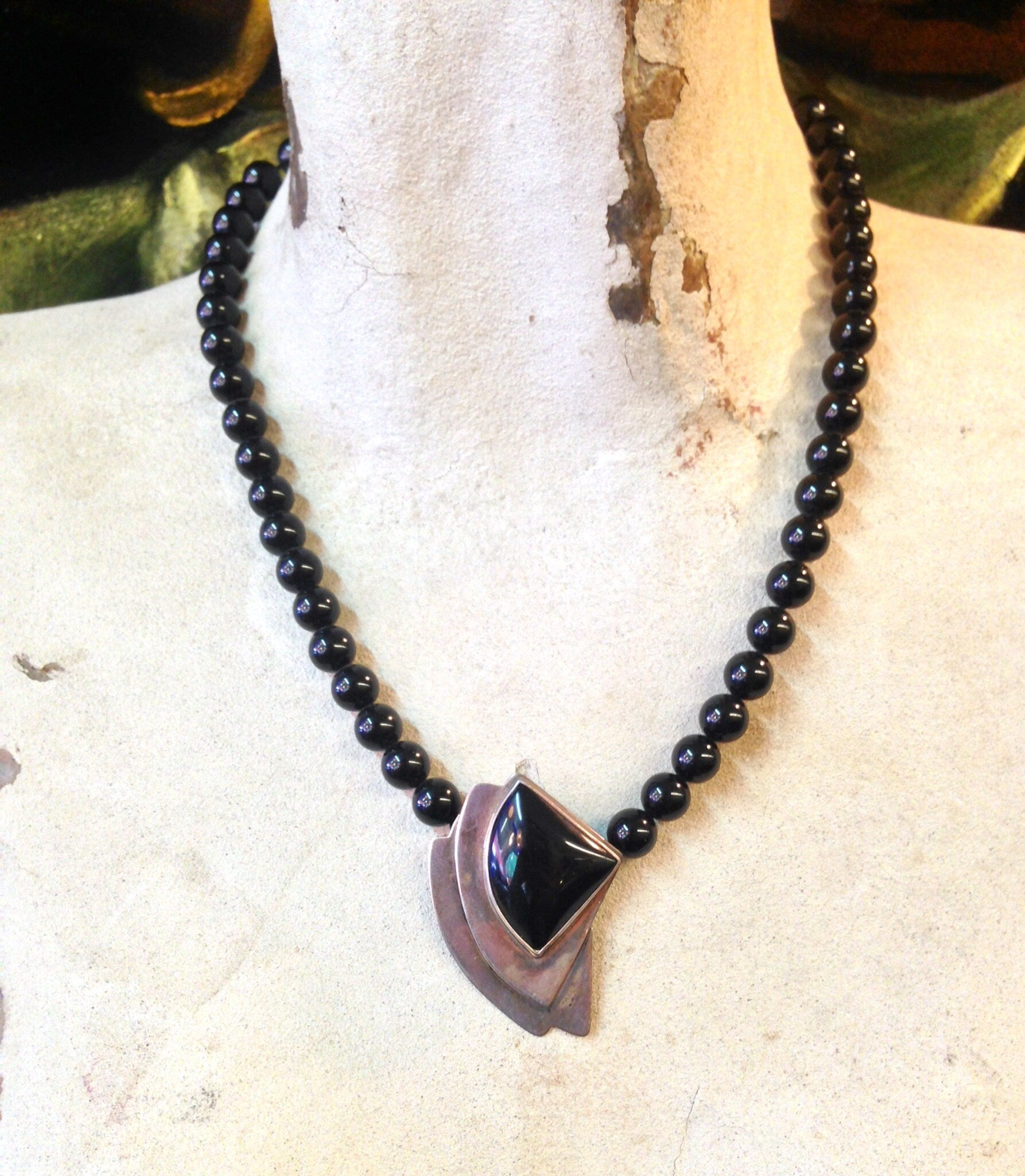 Art Deco Necklace, Beaded Necklace, Sterling Silver, Vintage Necklace, Black Onyx Beads, Art Deco Jewelry, Statement Necklace, Black Jewelry