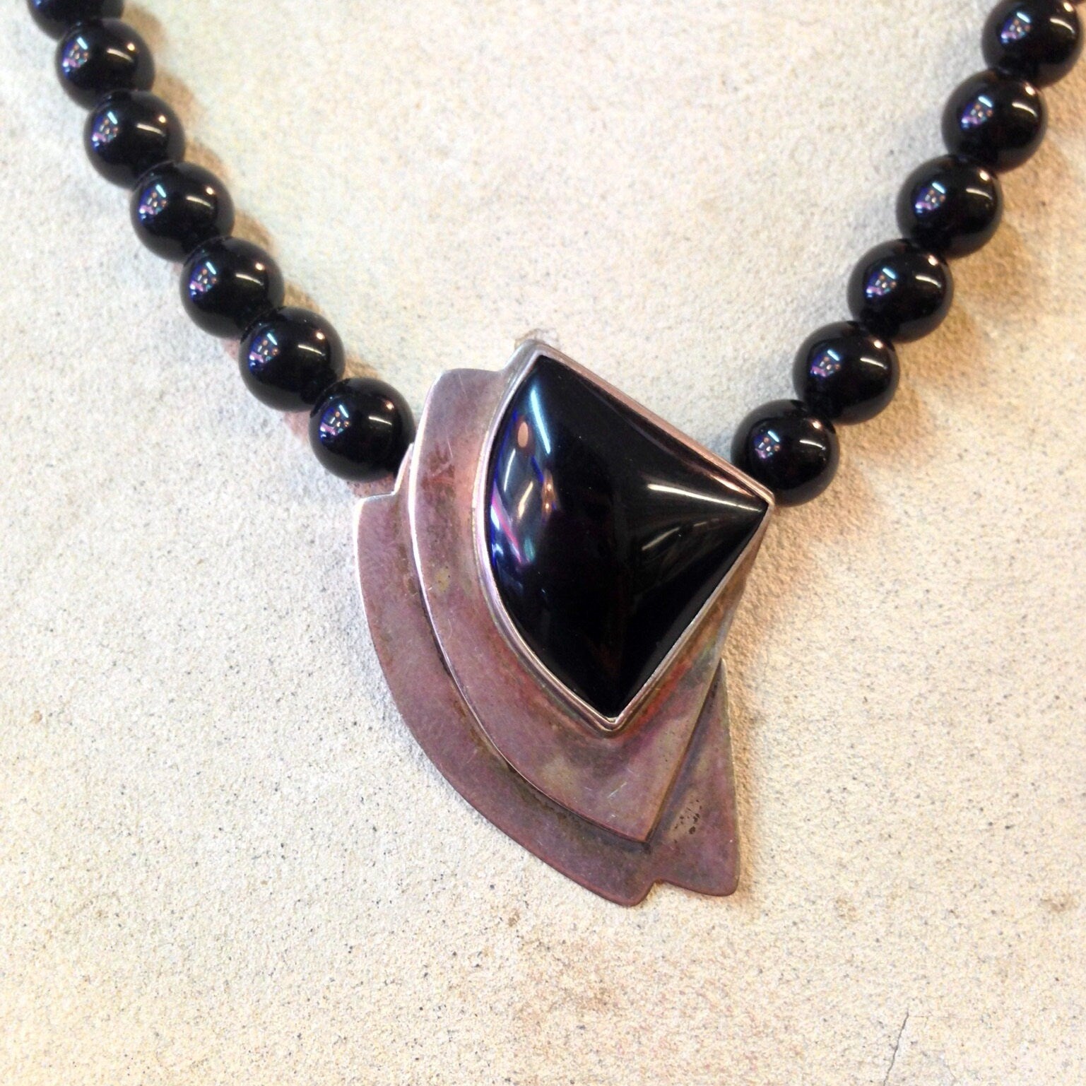 Art Deco Necklace, Beaded Necklace, Sterling Silver, Vintage Necklace, Black Onyx Beads, Art Deco Jewelry, Statement Necklace, Black Jewelry