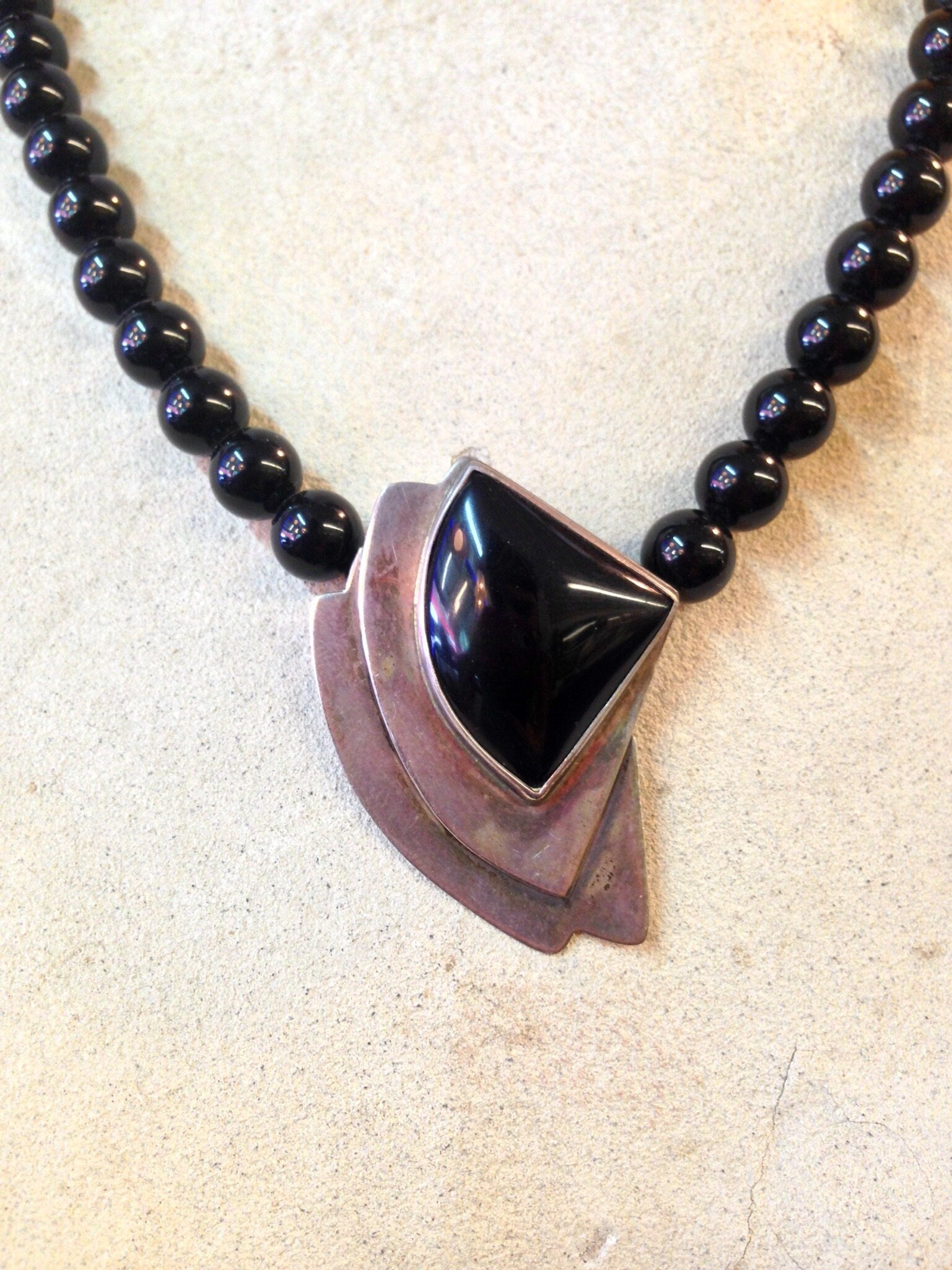 Art Deco Necklace, Beaded Necklace, Sterling Silver, Vintage Necklace, Black Onyx Beads, Art Deco Jewelry, Statement Necklace, Black Jewelry