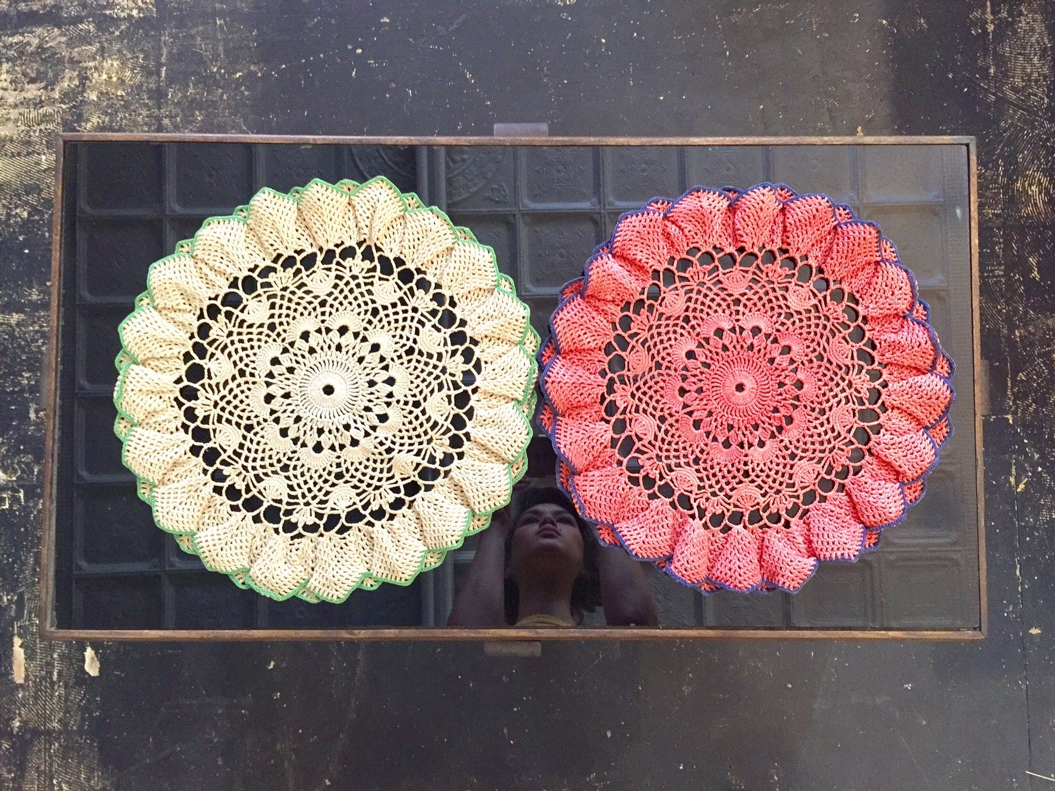 Vintage Doilies | Crocheted Doily | Set of two | Ruffles | Handmade | Hand Crafted | Crochet | Home Decor | Doily | pink white| vintage