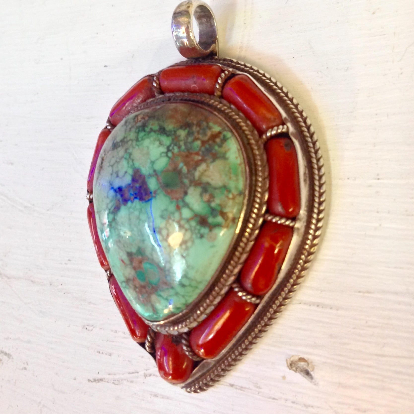 Vintage Turquoise Pendant | Vintage Silver Turquoise | Coral Turquoise Pendant | Sterling Silver Pendant | Vintage Necklace Pendant