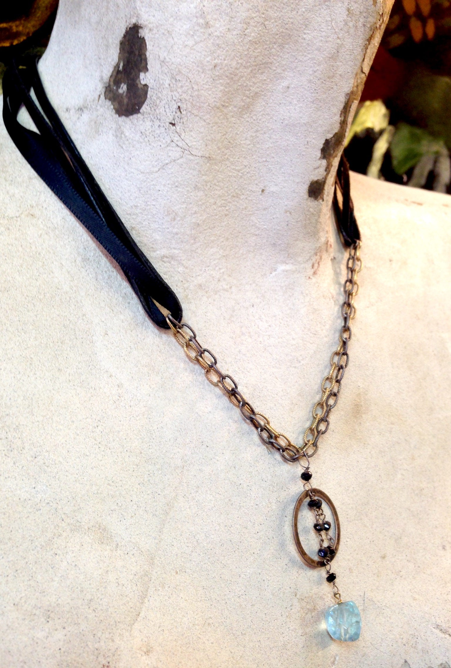 Vintage Leather Necklace with Sterling Silver and Aquamarine Stone | Vintage Choker | Leather Choker with Black Beads | Black Onyx | Gift