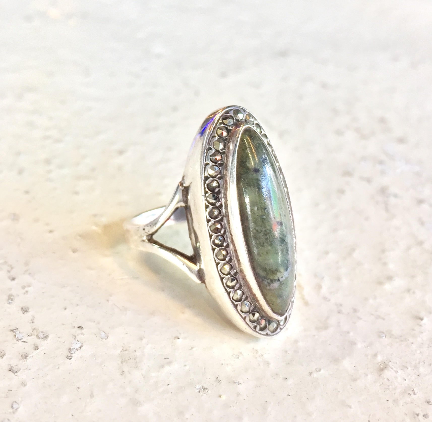 Sterling Jewelry | Sterling Silver | Green Jasper | Green Jasper Stone | Marcasite Jewelry | Vintage Jewlery | Vintage Ring | Sterling Ring