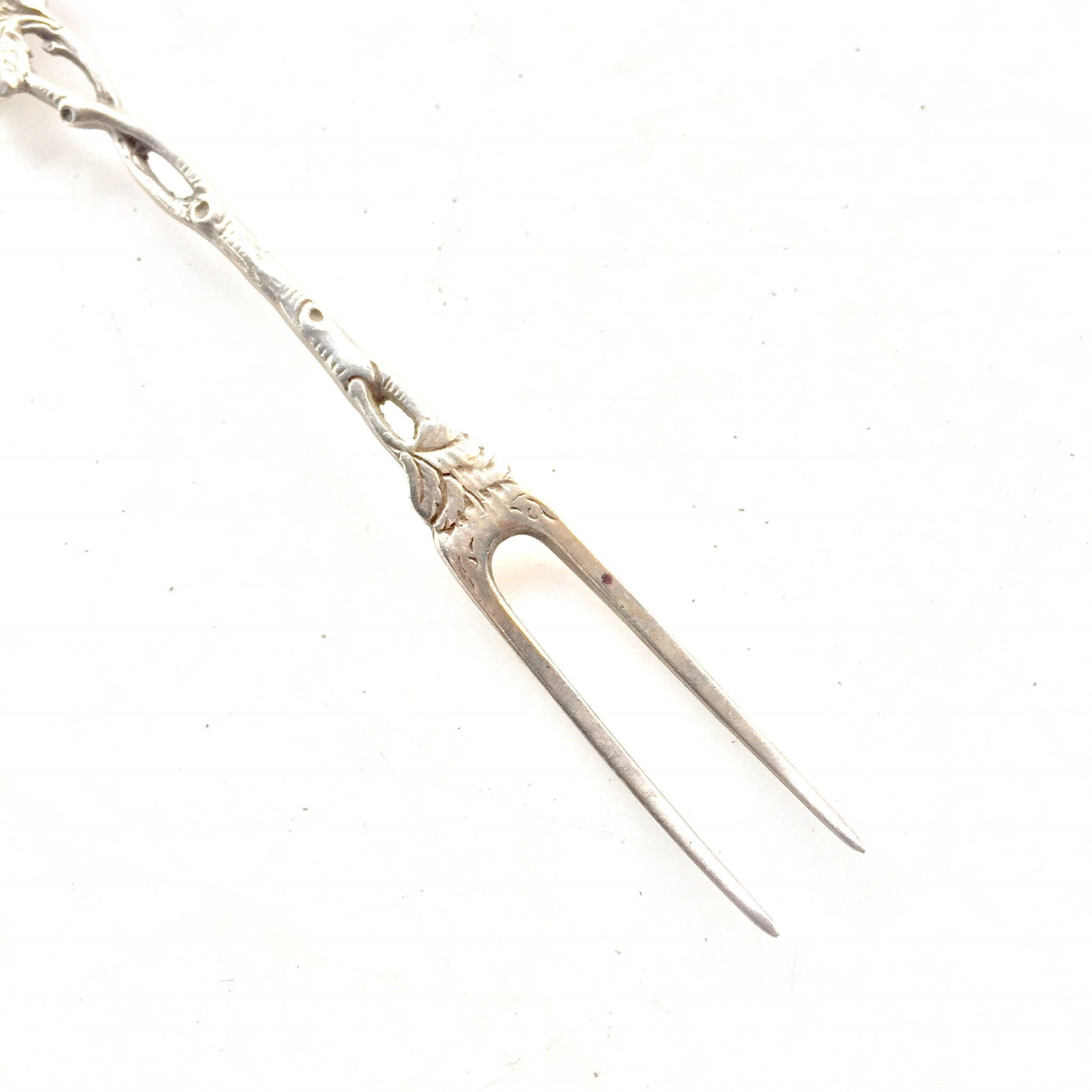 Antique Double Prong Fork | Cocktail Fork | Vintage Flatware | Sterling Silver | Pickle | Olive | Two Prongs | Ornate | Rose