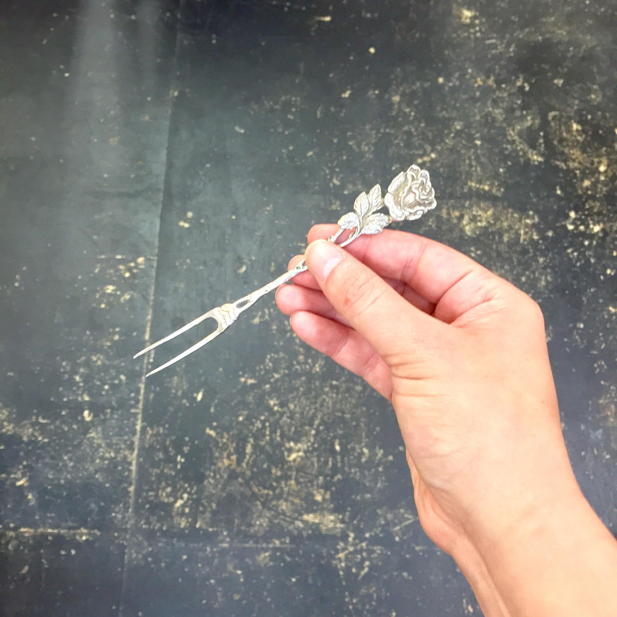 Antique Double Prong Fork | Cocktail Fork | Vintage Flatware | Sterling Silver | Pickle | Olive | Two Prongs | Ornate | Rose